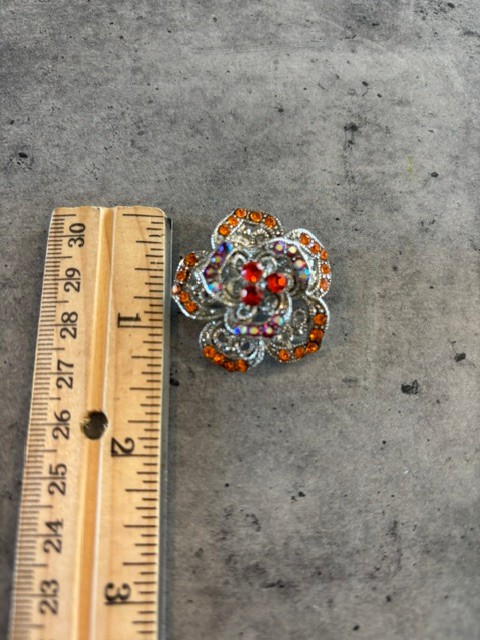 Vintage Orange and Red Rhinestone Flower Brooch Pin Silver Tone