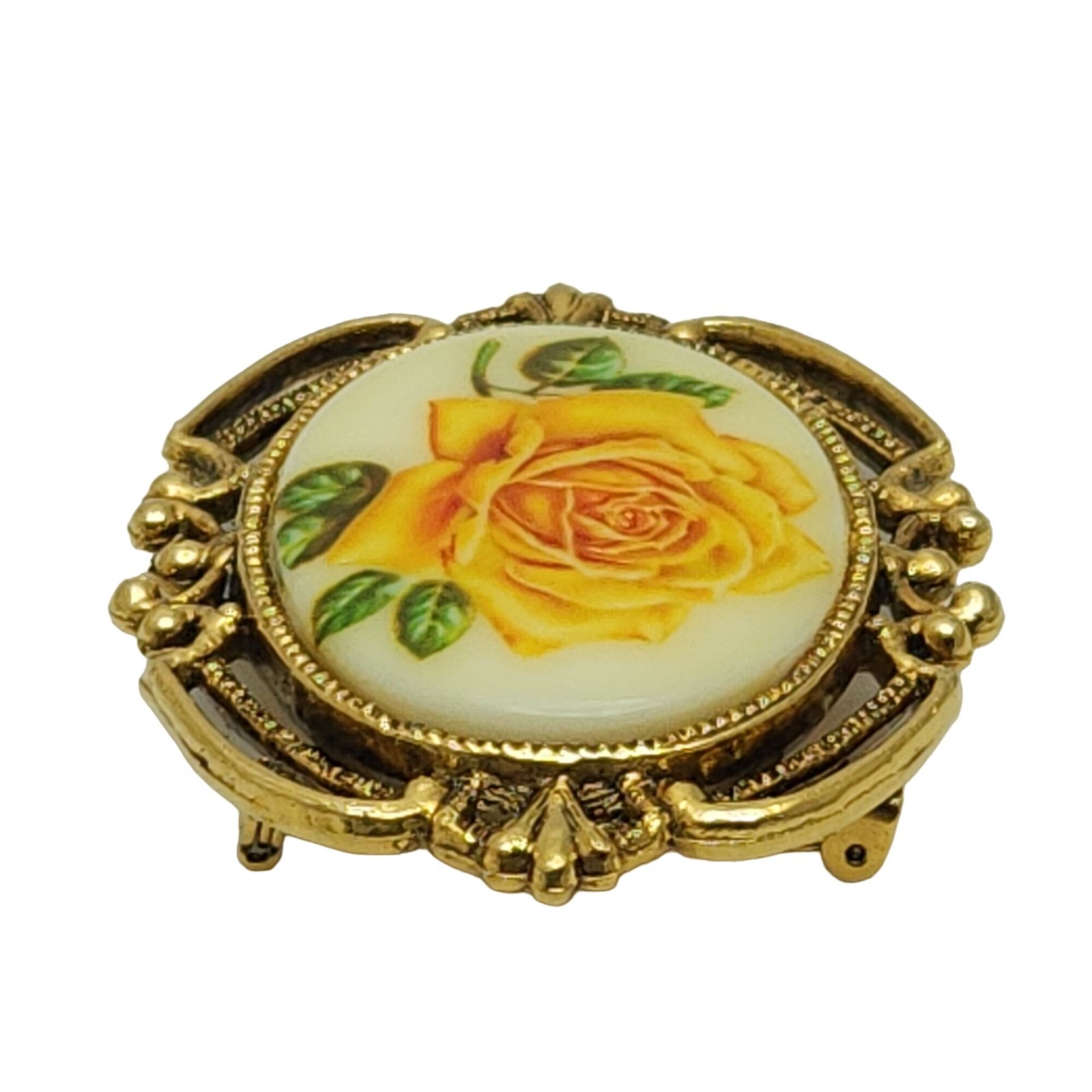 Vintage Yellow Rose Cameo Brooch Gold Tone Ornate Pin Romantic Gift for Her