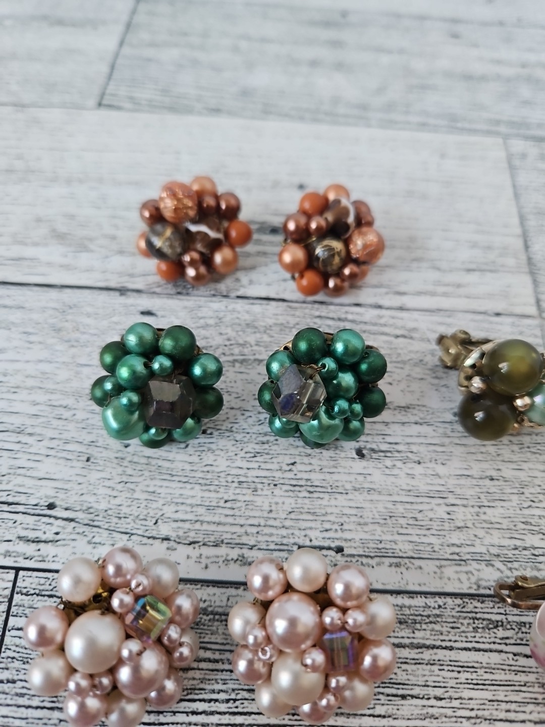 Vtg Lot 7 Pair Japan/Hong Kong Cluster Bead Clip On/screwback Earrings