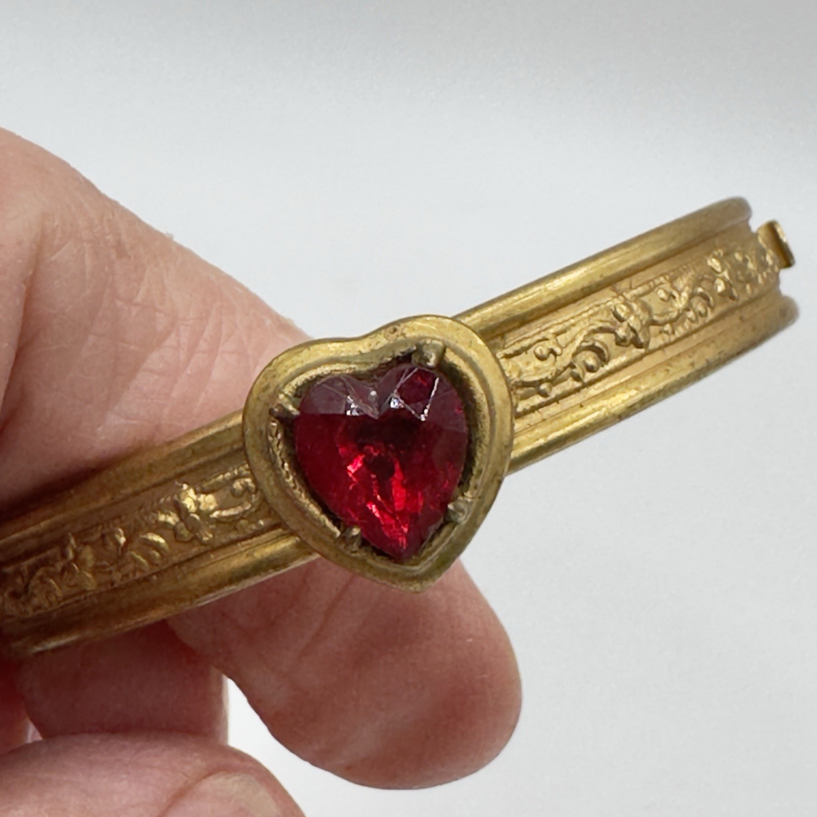 Vintage Victorian Revival Heart Bangle Bracelet Red Glass Gold Tone Hinged TINY*