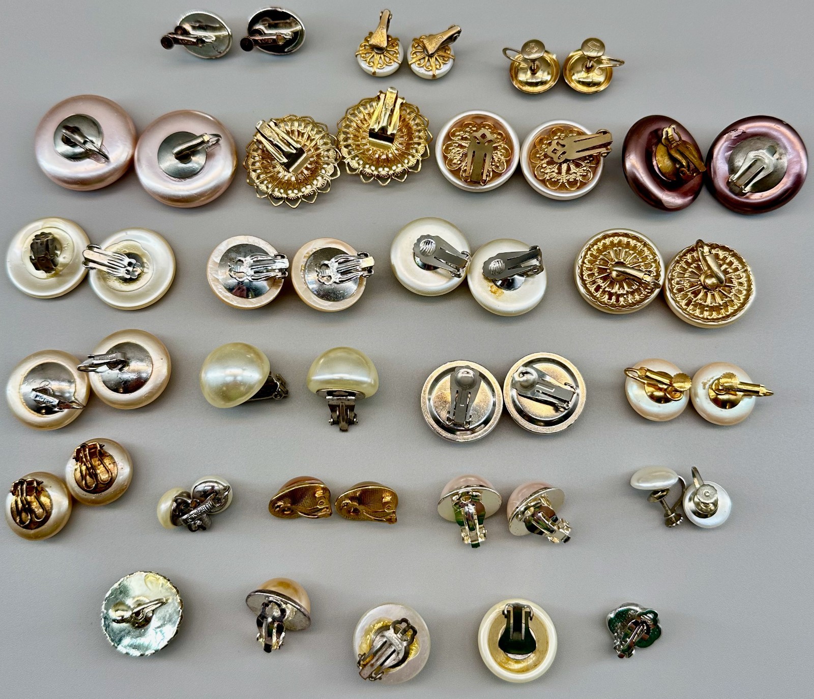 Vintage Clip Earrings Lot 20 Pairs 5 Single Assorted Faux Pearl Some Signed