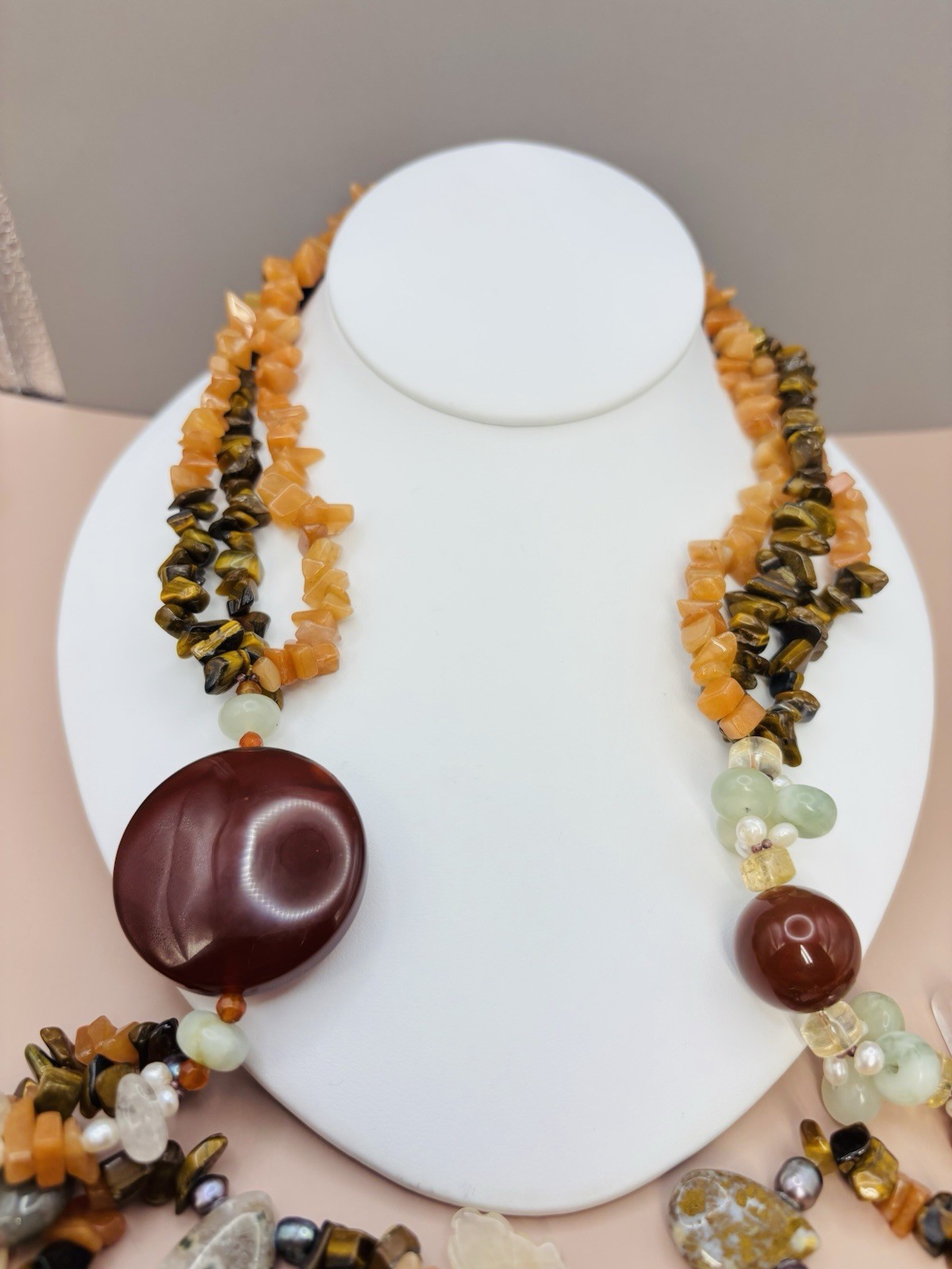 Vintage Natural Gemstone Multi Strand Boho Tigers Eye Carnelian Pearl 28”