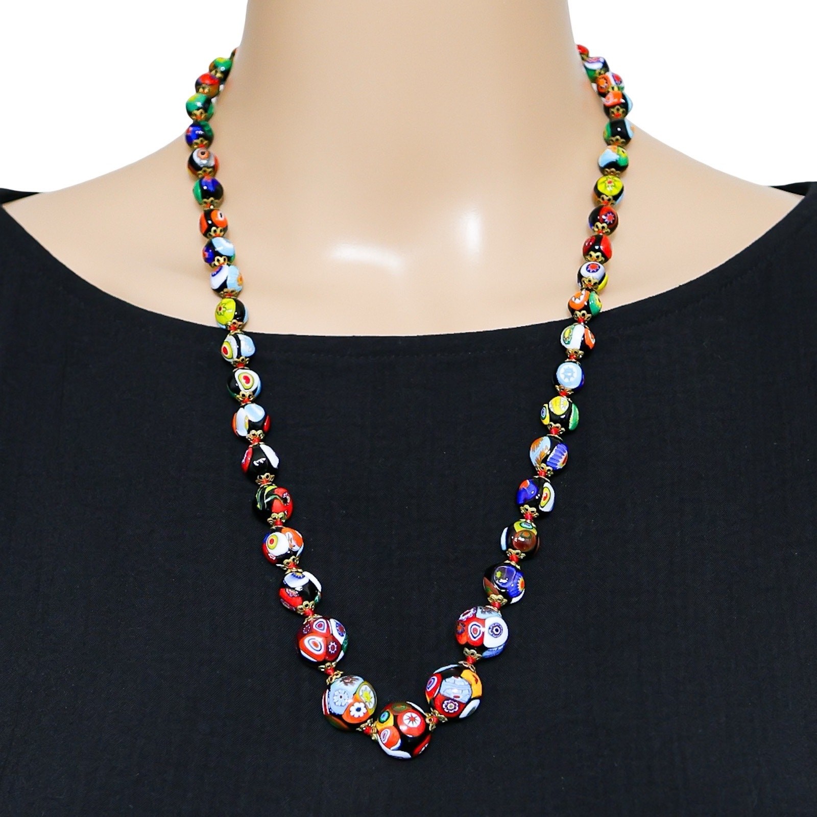Vintage Venetian Millefiori Graduated Floral Bead Necklace 25in 8mm to 14mm