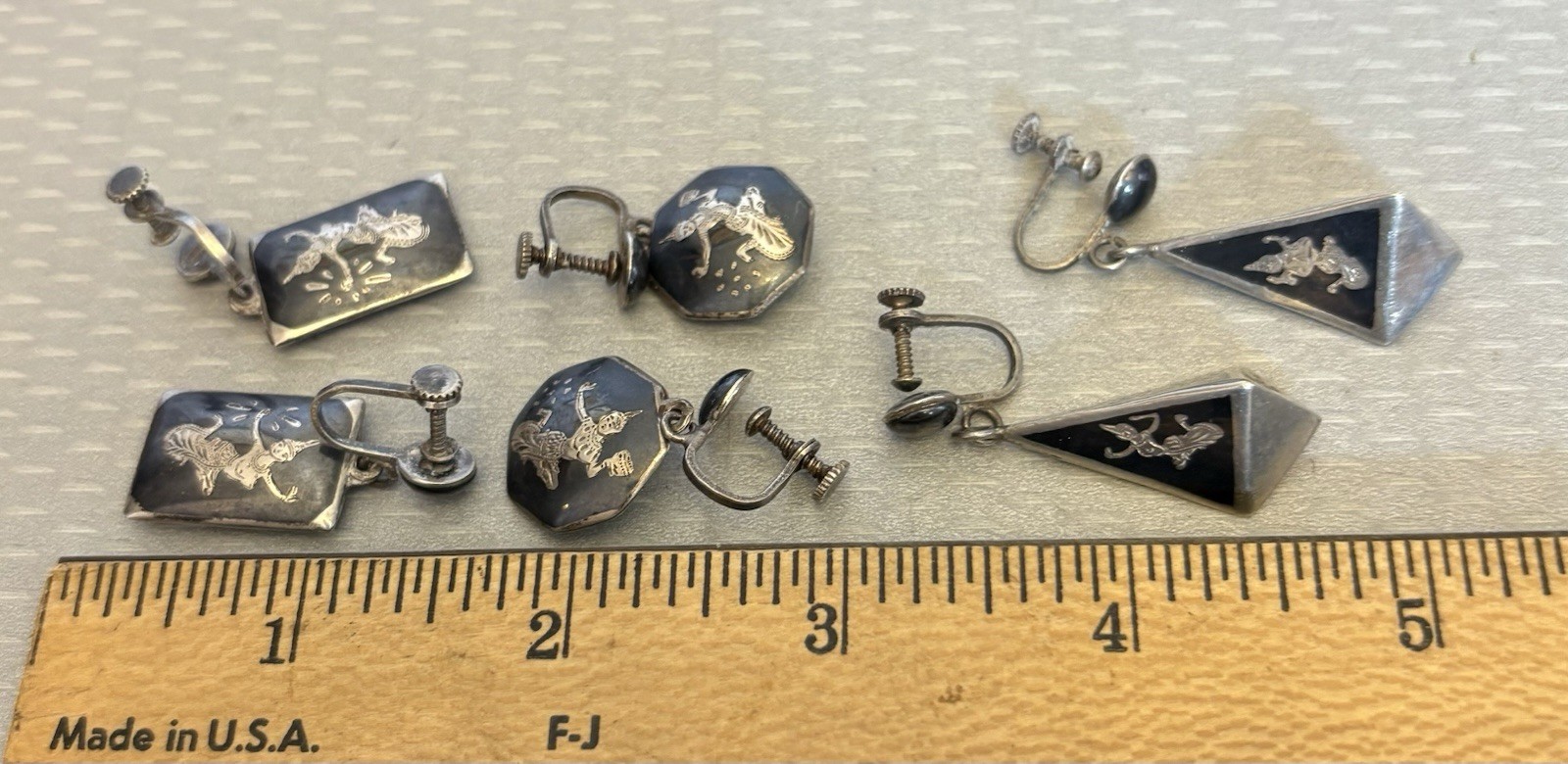 Vintage Siam Sterling Silver Niello Enamel Screw Back Earrings Dangle Drop LOT 3