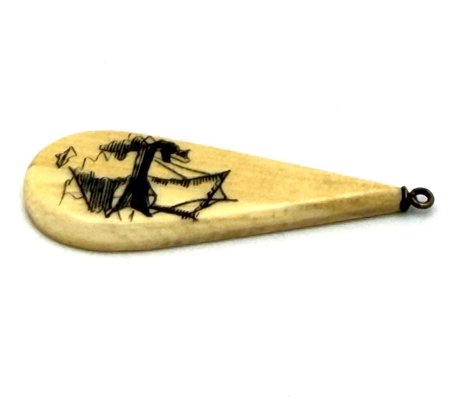 Scrimshaw Pendant Fishing Boat Elongated Teardrop Vintage