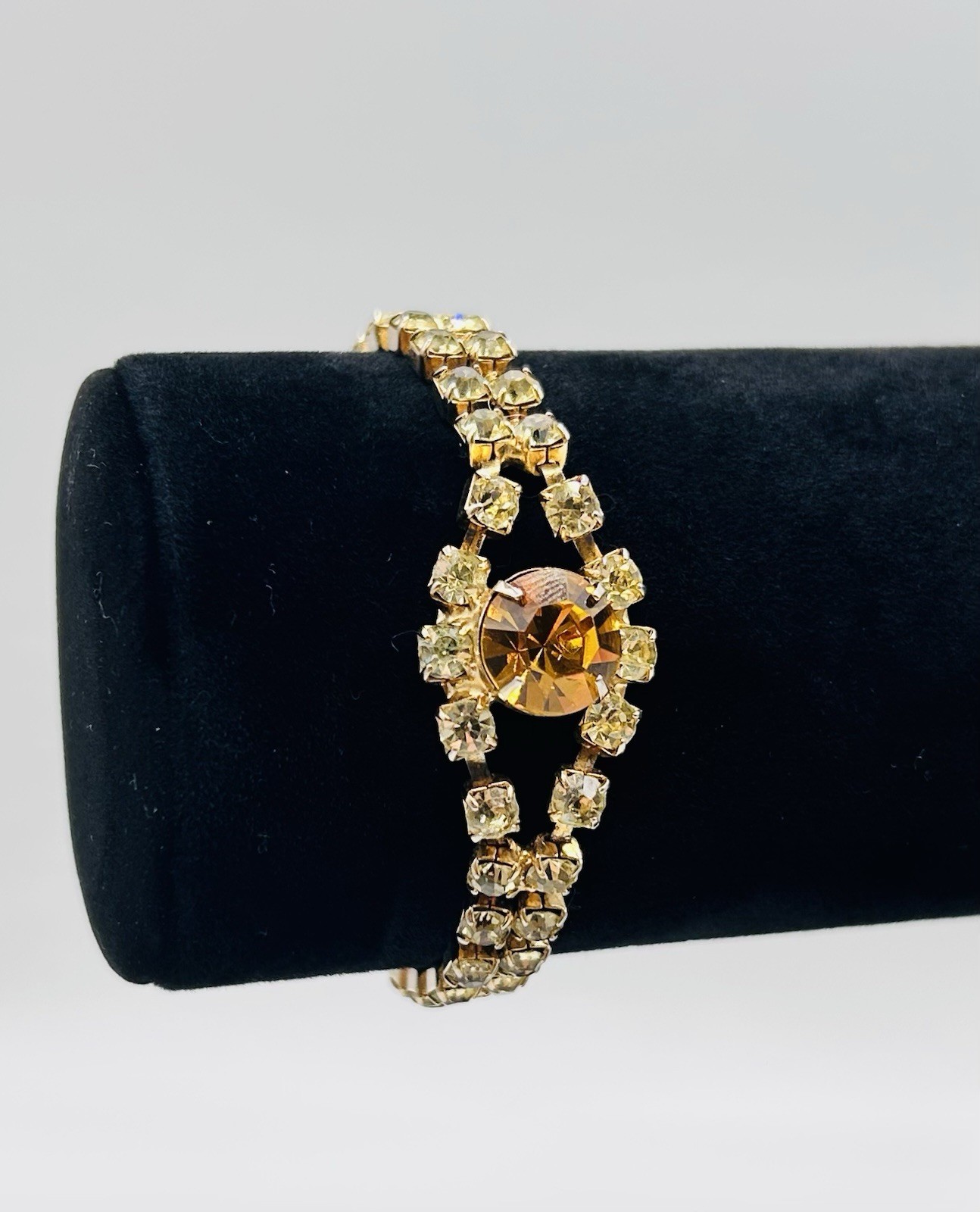 Vtg -1950s-ORANGE AMBER-Rhinestone-BRACELET and Floral EARRINGS SET-Gold Tone