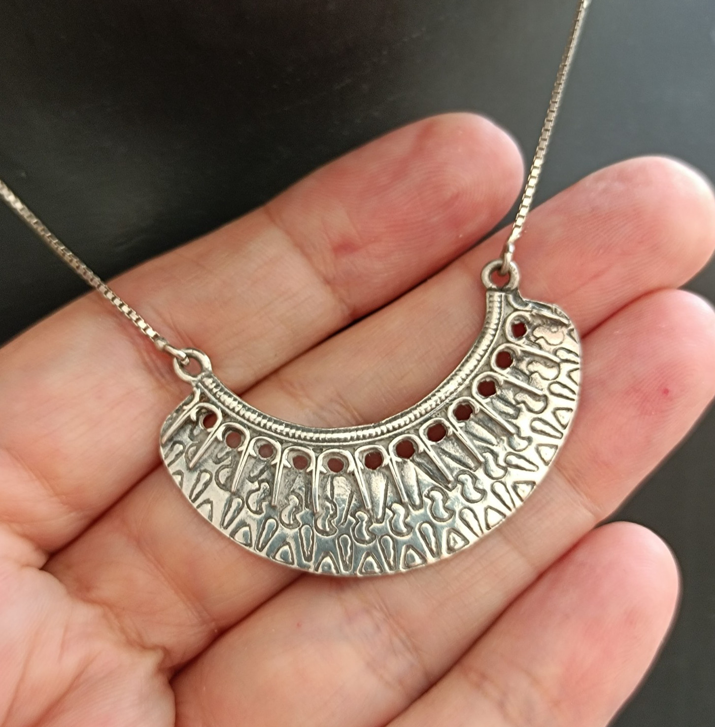 Vintage Sterling Silver Moon Crescent Necklace Ethnic Folk Inspired Engraved Bib