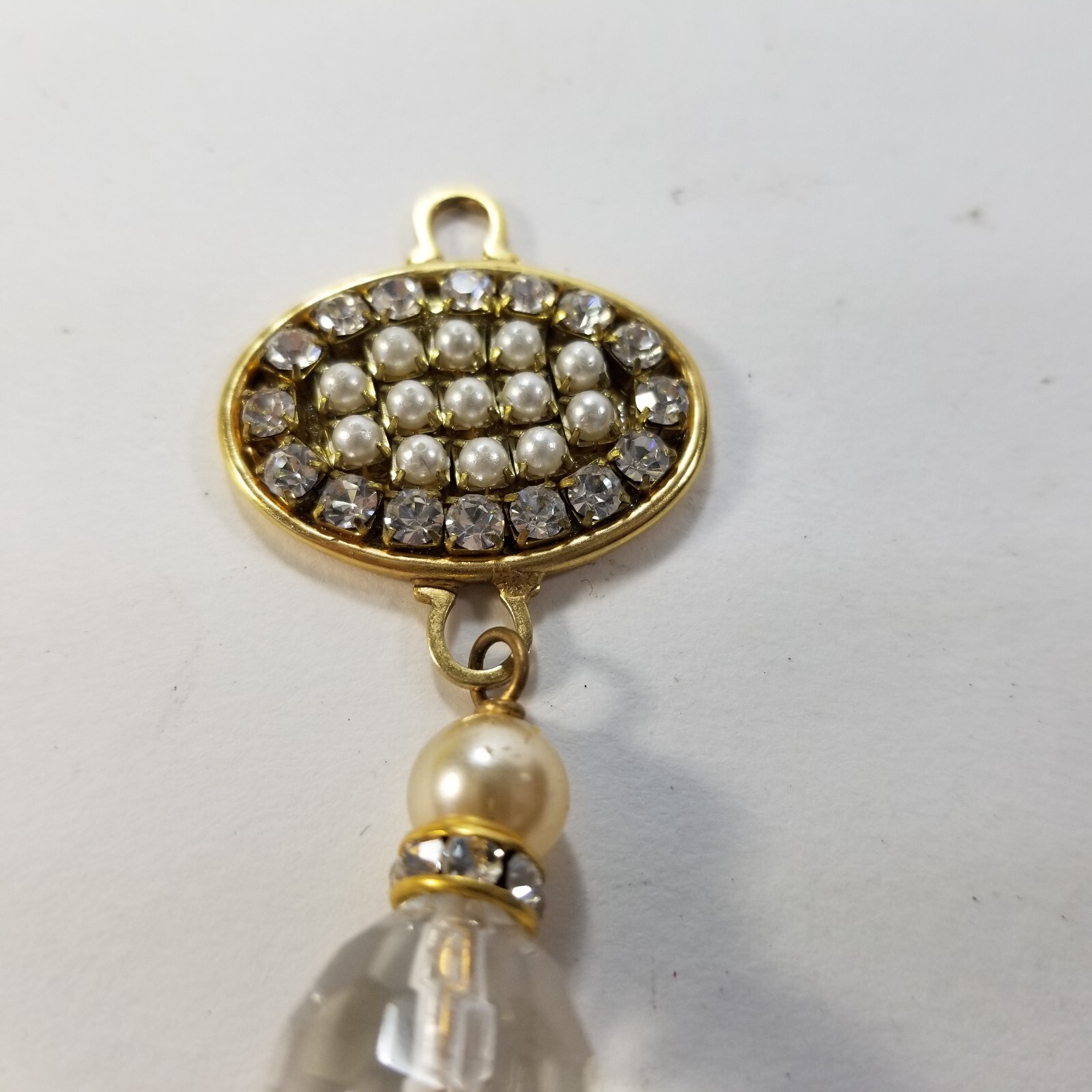 Vintage Prong Set Rhinestone Dangle Faux Pearl Pendant Gold Tone Crystal