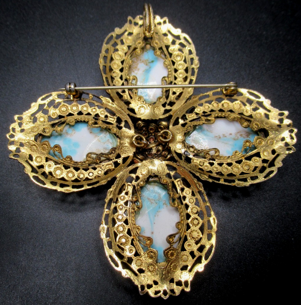 SCHREINER Amazing Turquoise Blue Faux Coral & Pearl Cross Vintage Pin Pendant