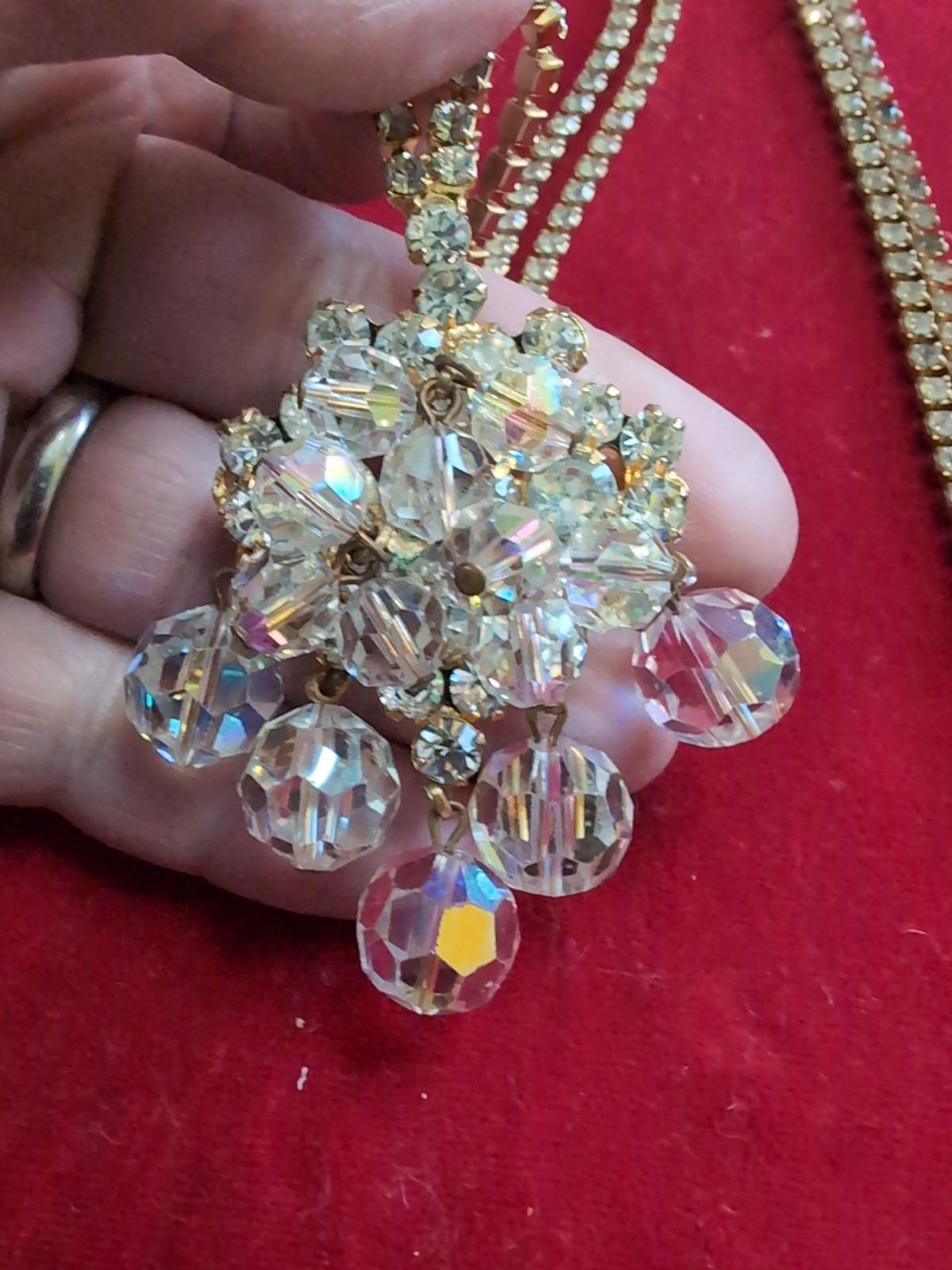 Vintage D&E JULIANA ab rhinestone Crystal cluster 26″ NECKLACE 2″Brooch/Pendant
