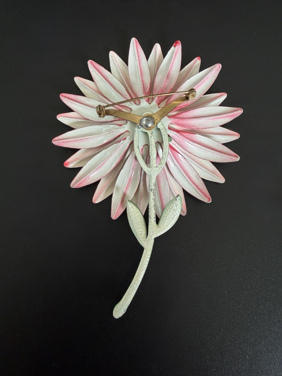 1960s Pink Enamel Celluloid Daisy Flower Brooch Pin Large Mod Statement 4 3/4”!