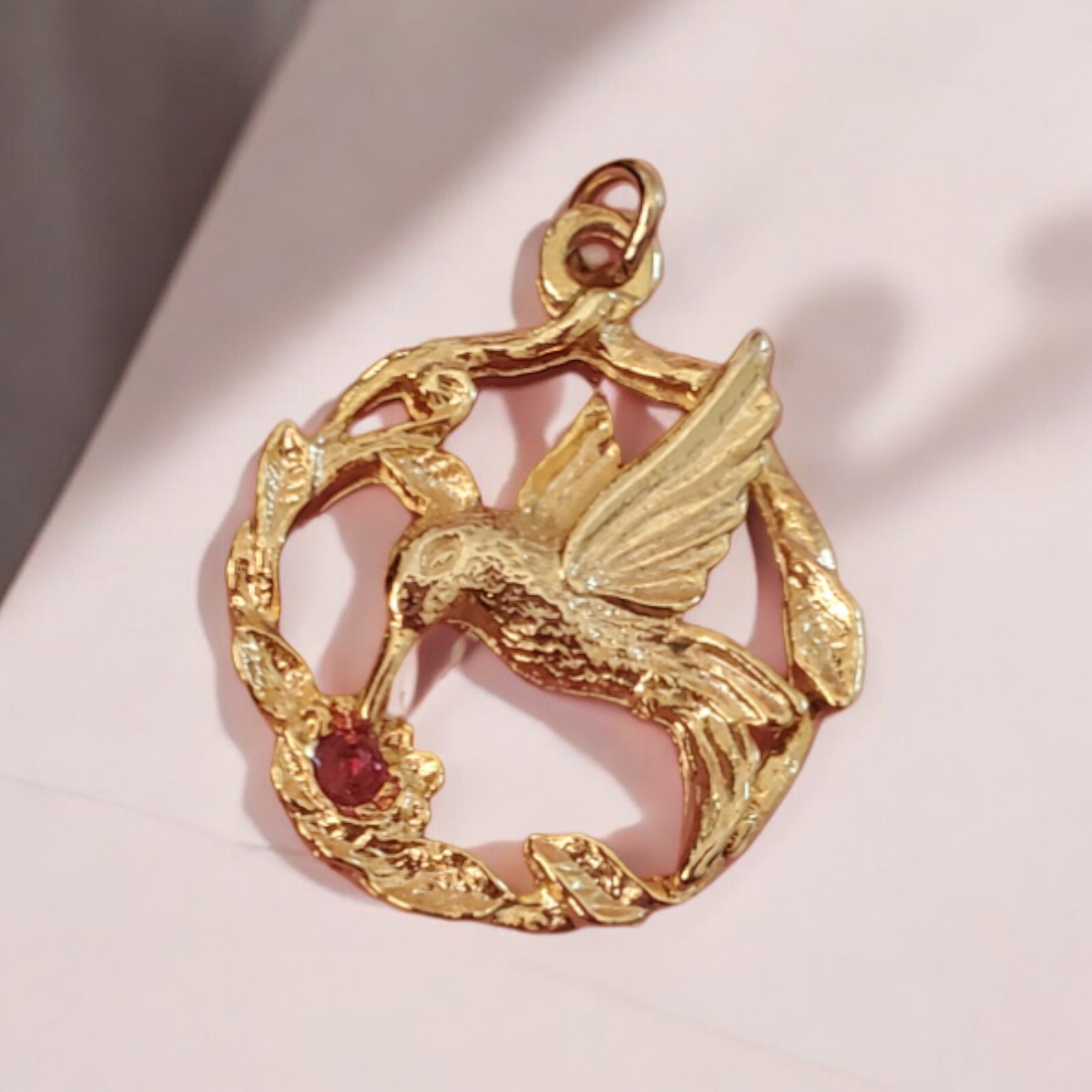 Vintage JJI Hummingbird Pendant Floral with Red stone Round Gold Tone Signed