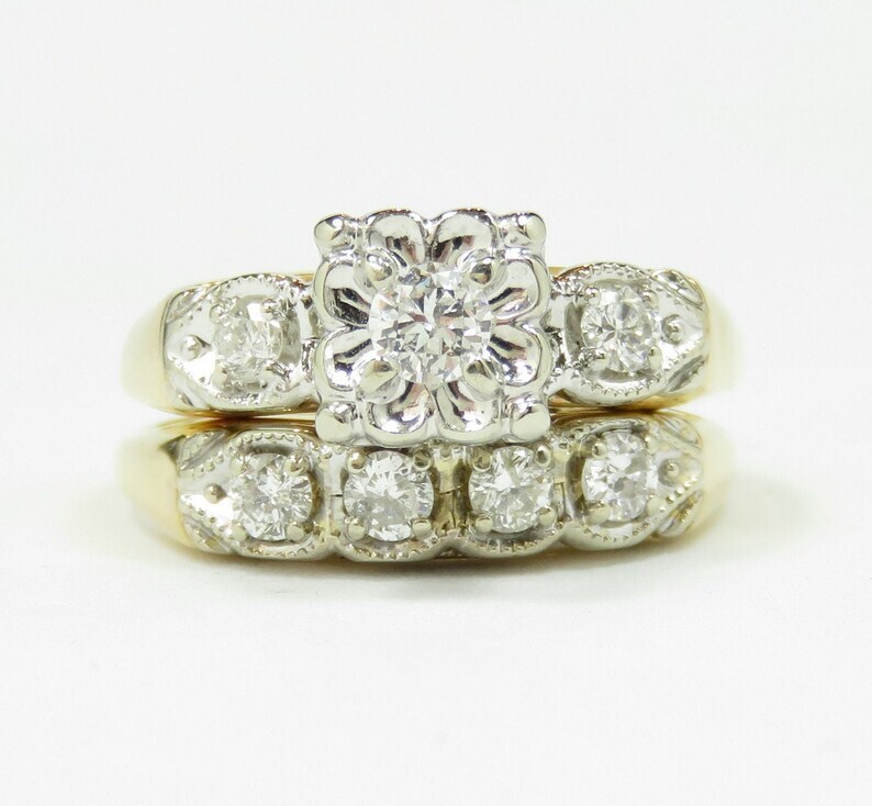 Vintage Engagement Ring and Wedding Band in 1.44 Ct Round Moissanite 925 Silver