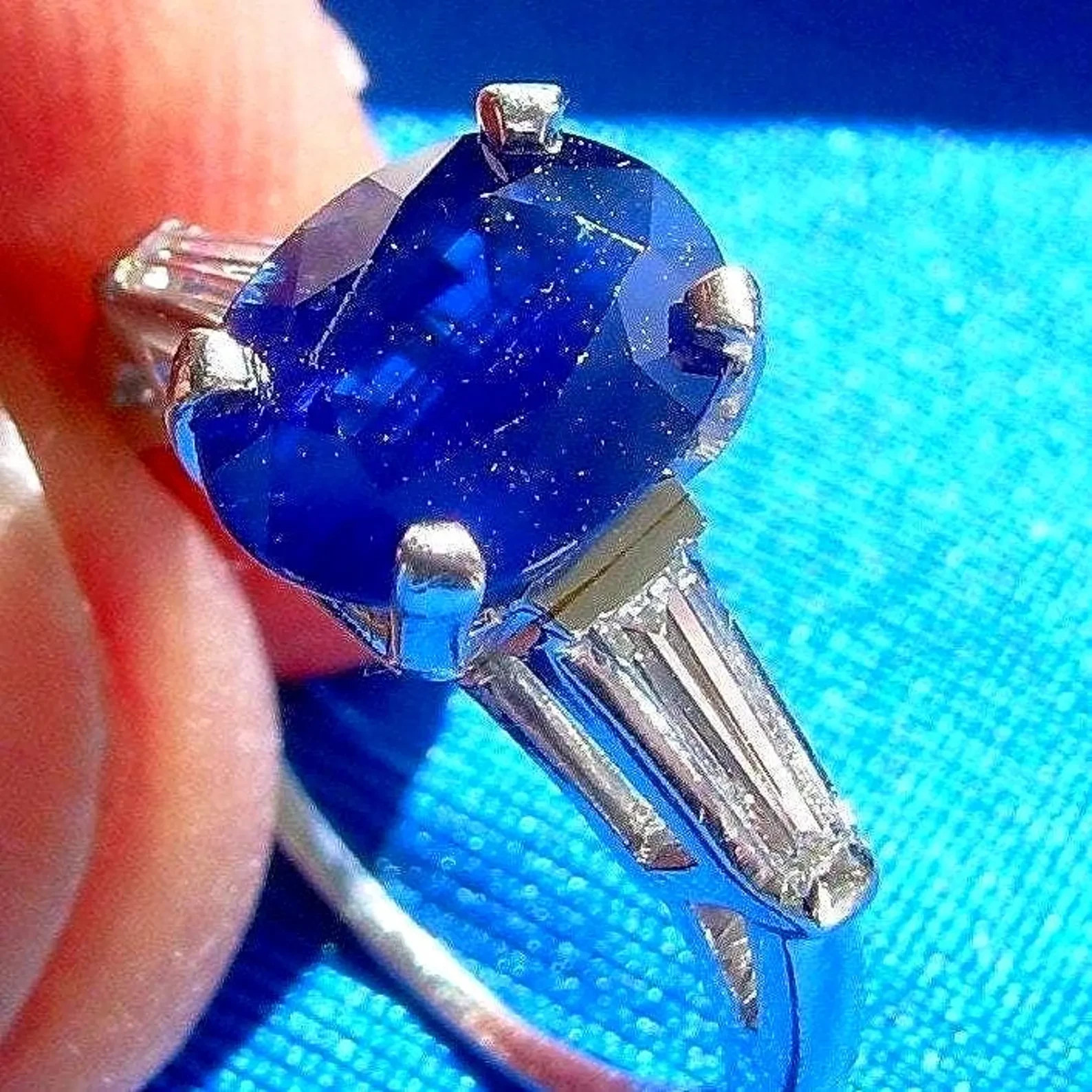 EARTH MINED SAPPHIRE DIAMOND Deco Engagement Ring Vintage PLATINUM Solitaire 3CT