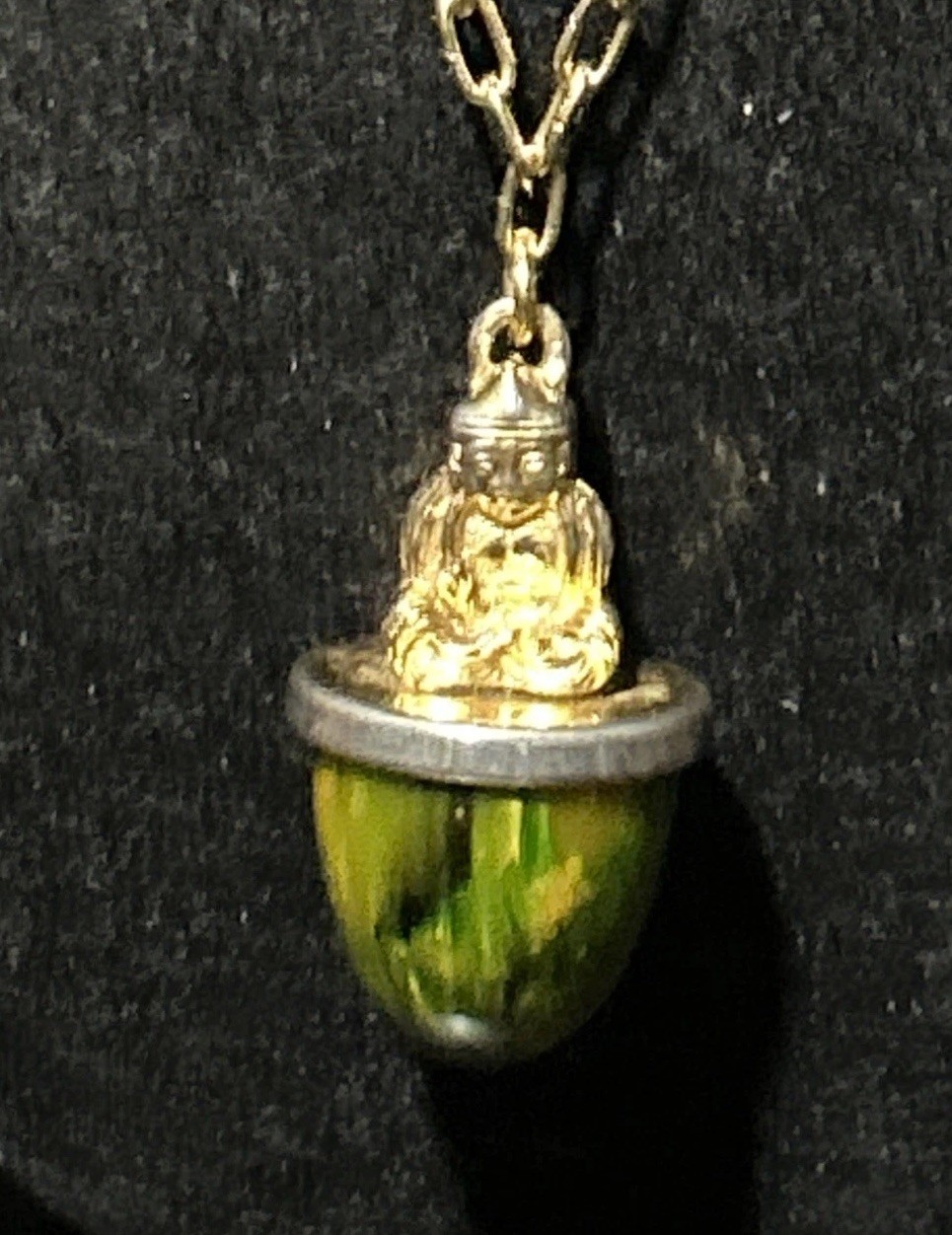 Vintage 30g Green Yellow Tested Bakelite Buddha Fob Pendant French 32” Necklace