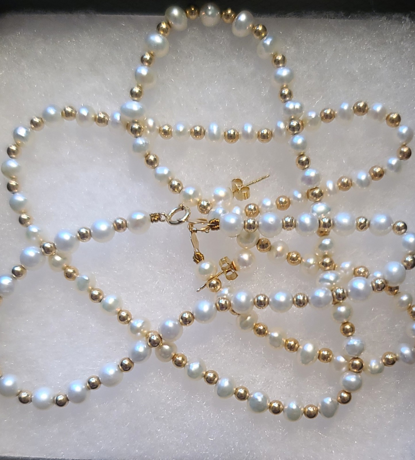 Vintage 14K Gold Bead-Pearl Jewelry Necklace Bracelet Earrings Set