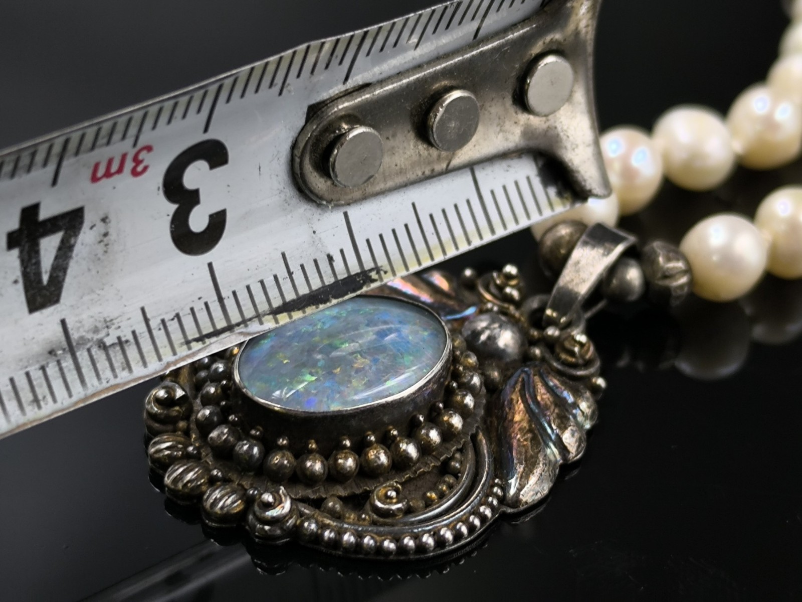 Vintage Cultured Pearl Necklace 925 Silver Natural Opal Pendant Marcasite Clasp