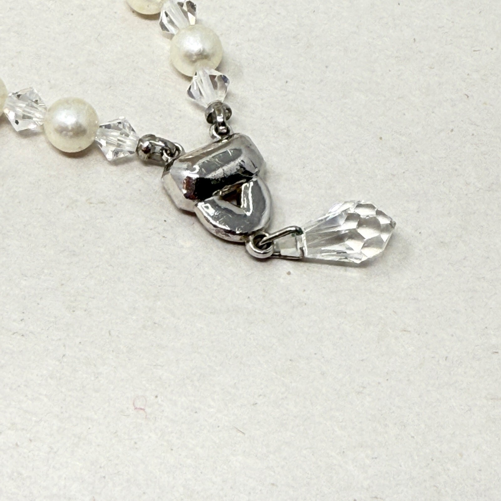 Vintage Faceted Crystal Bead Necklace Faux Pearl Silver-Tone Classic Elegant