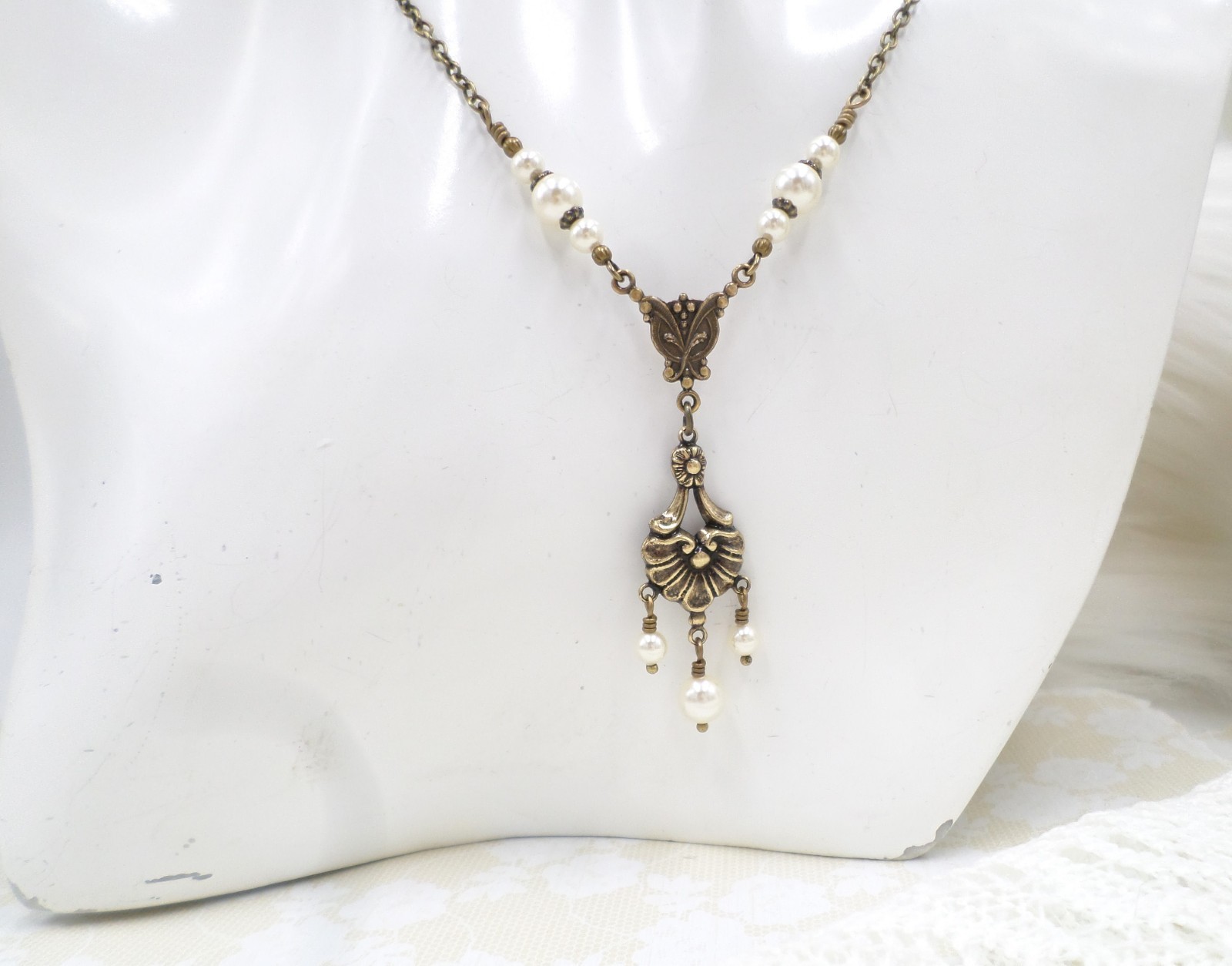 Victorian Pearl Necklace: Antique Brass Romantic Floral Handmade Vintage Jewelry