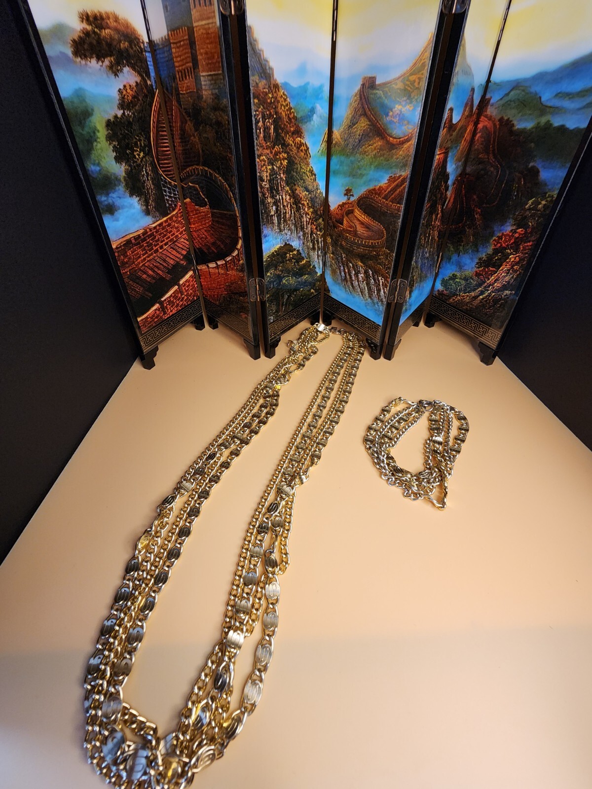 Vtg SARAH COVENTRY Necklace Bracelet Set Multi-Strand Gold Tone Snail Chain 24″