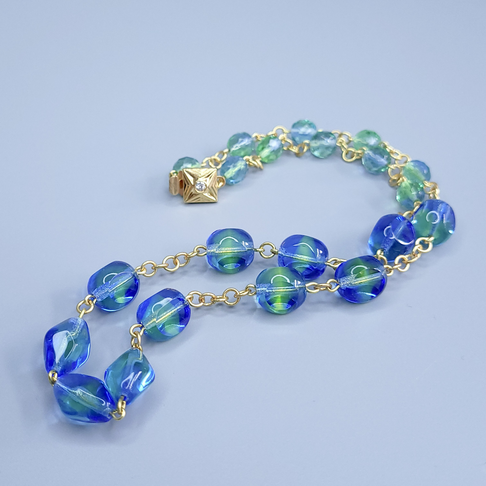 Uranium Necklace 18” Vaseline Blue Glass Czech Vintage Beads Women`s Jewelry