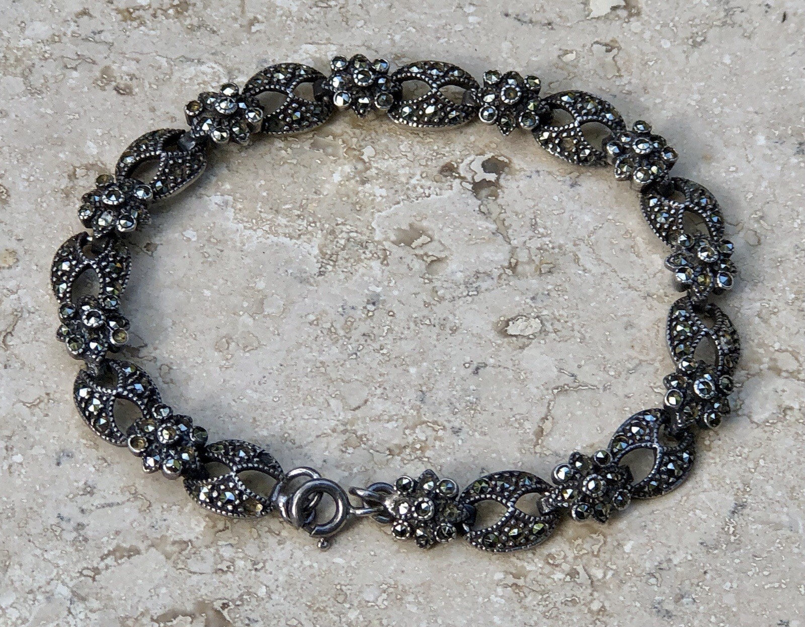 ✨VINTAGE Sterling Silver MARCASITE Floral 🌺Tennis Bracelet 🌟ESTATE Jewelry🌟