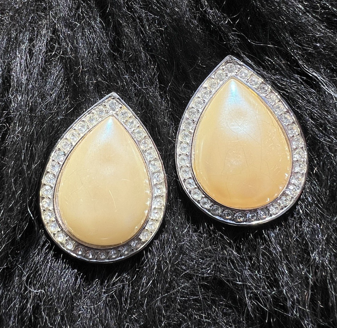 Vintage Yves Saint Laurent YSL Clip-On Earrings Cabochon Rhinestone 1980s Signed