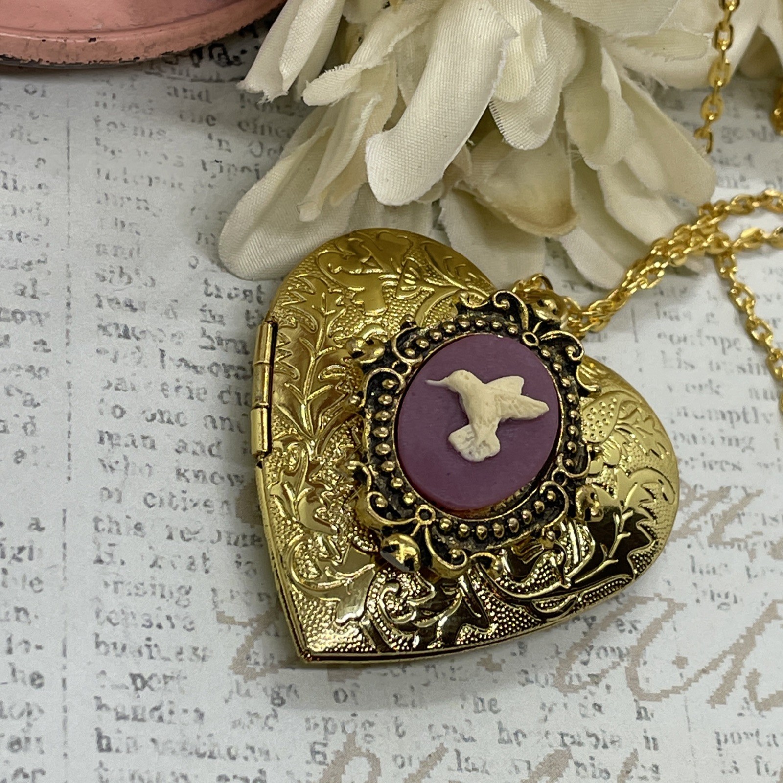 Gold Heart Locket Photo Birthday Anniversary Wedding Hummingbird Purple Necklace