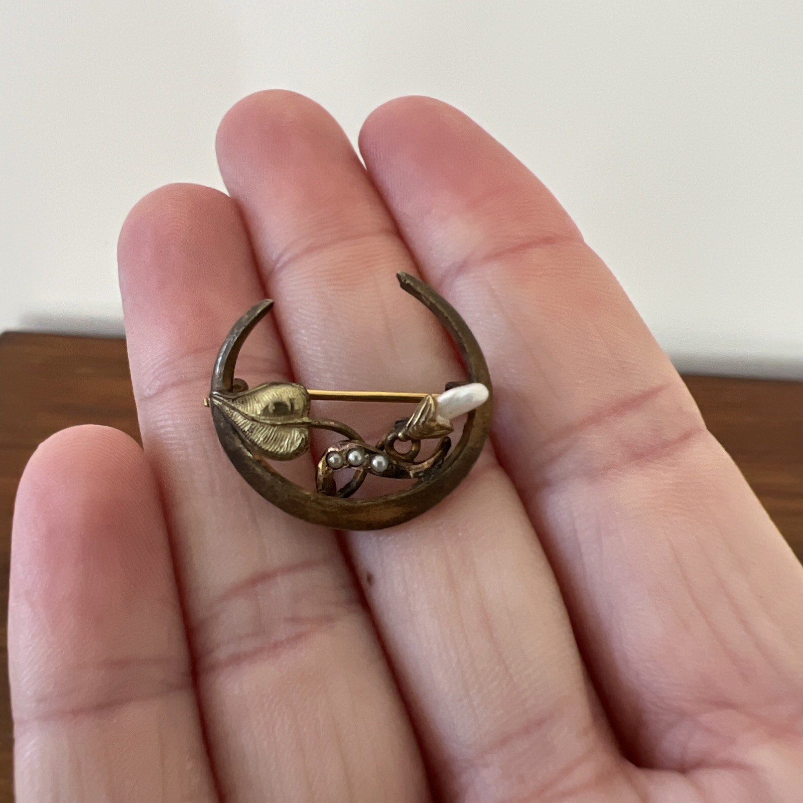 Antique Edwardian Crescent Moon Seed Pearl Pin Pendant Gold Filled