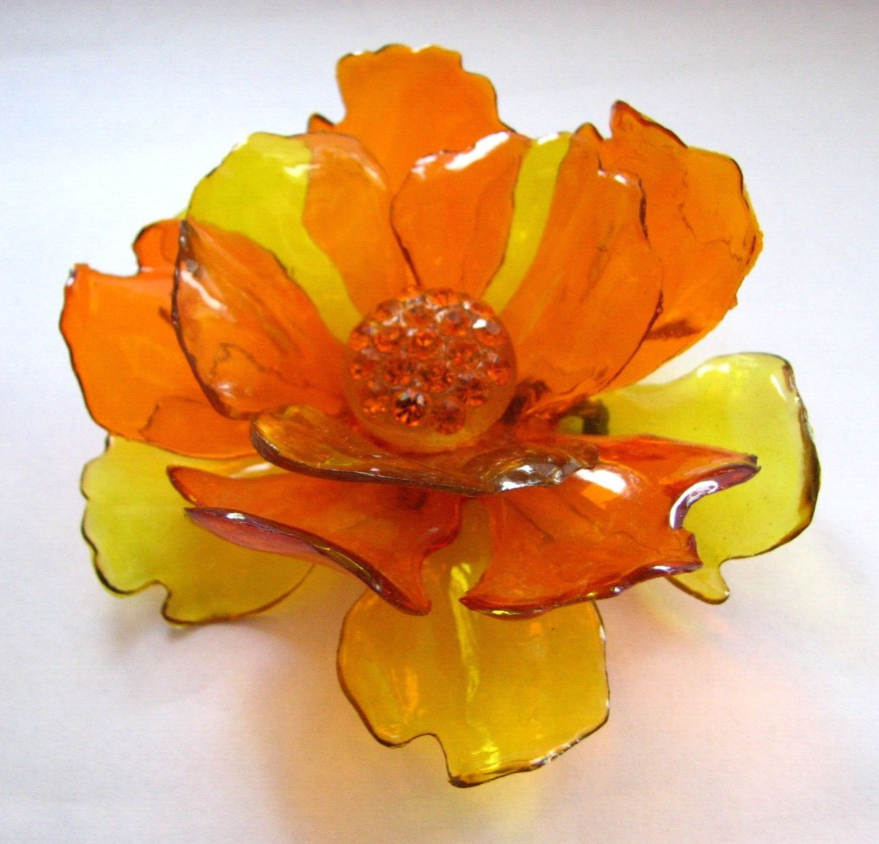 Gorgeous Vintage 1960s Massive Rhinestone Vibrant Orange Yellow Acetate Brooch