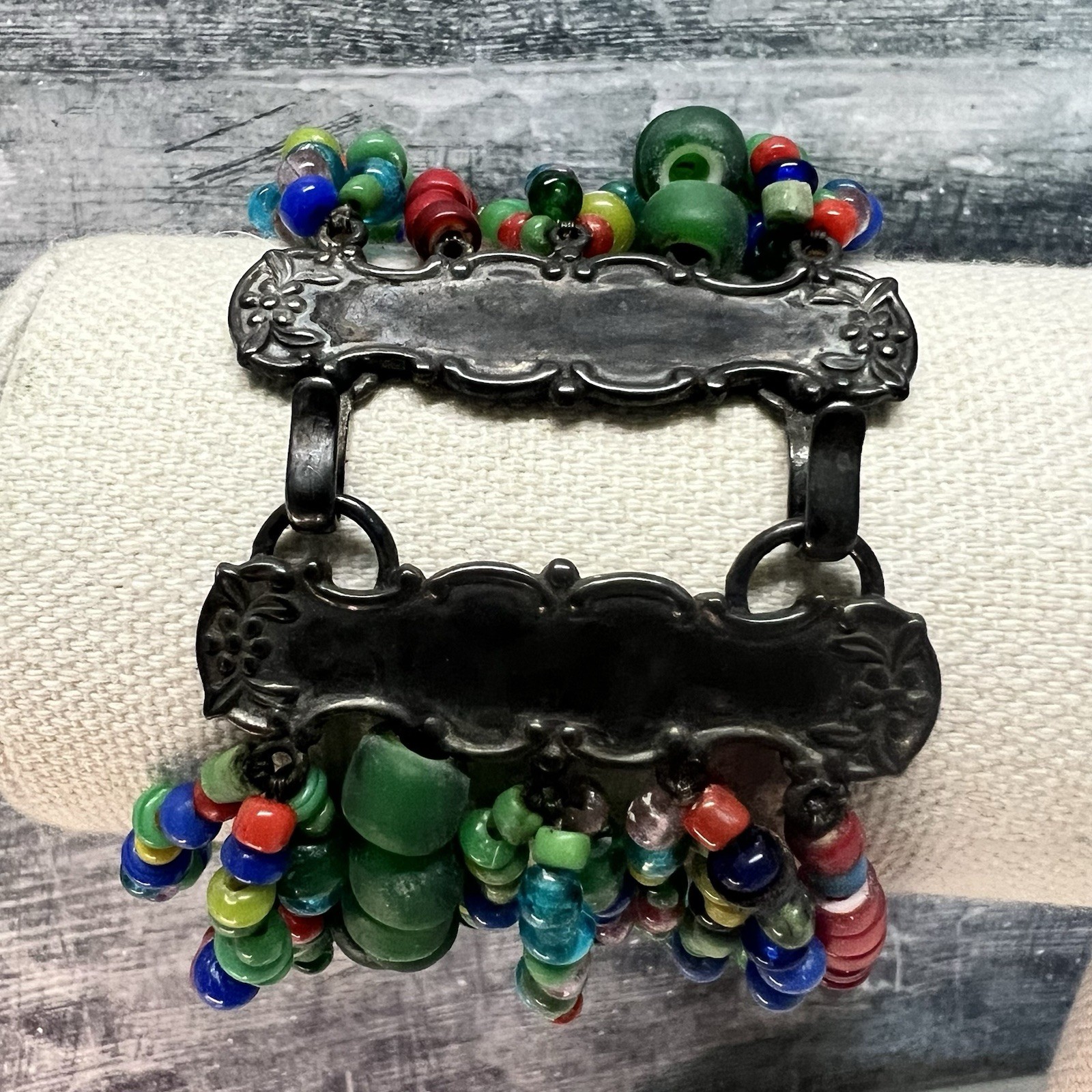 T. FOREE African Trade Multi Strand Glass Beaded Bracelet Sterling Silver 7.5″