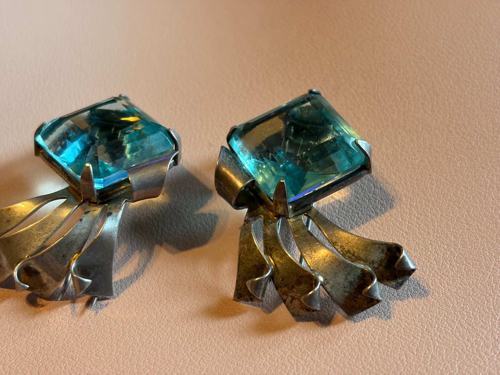Vintage Art Deco Sterling Silver Emerald Cut Blue Topaz Drop Earrings
