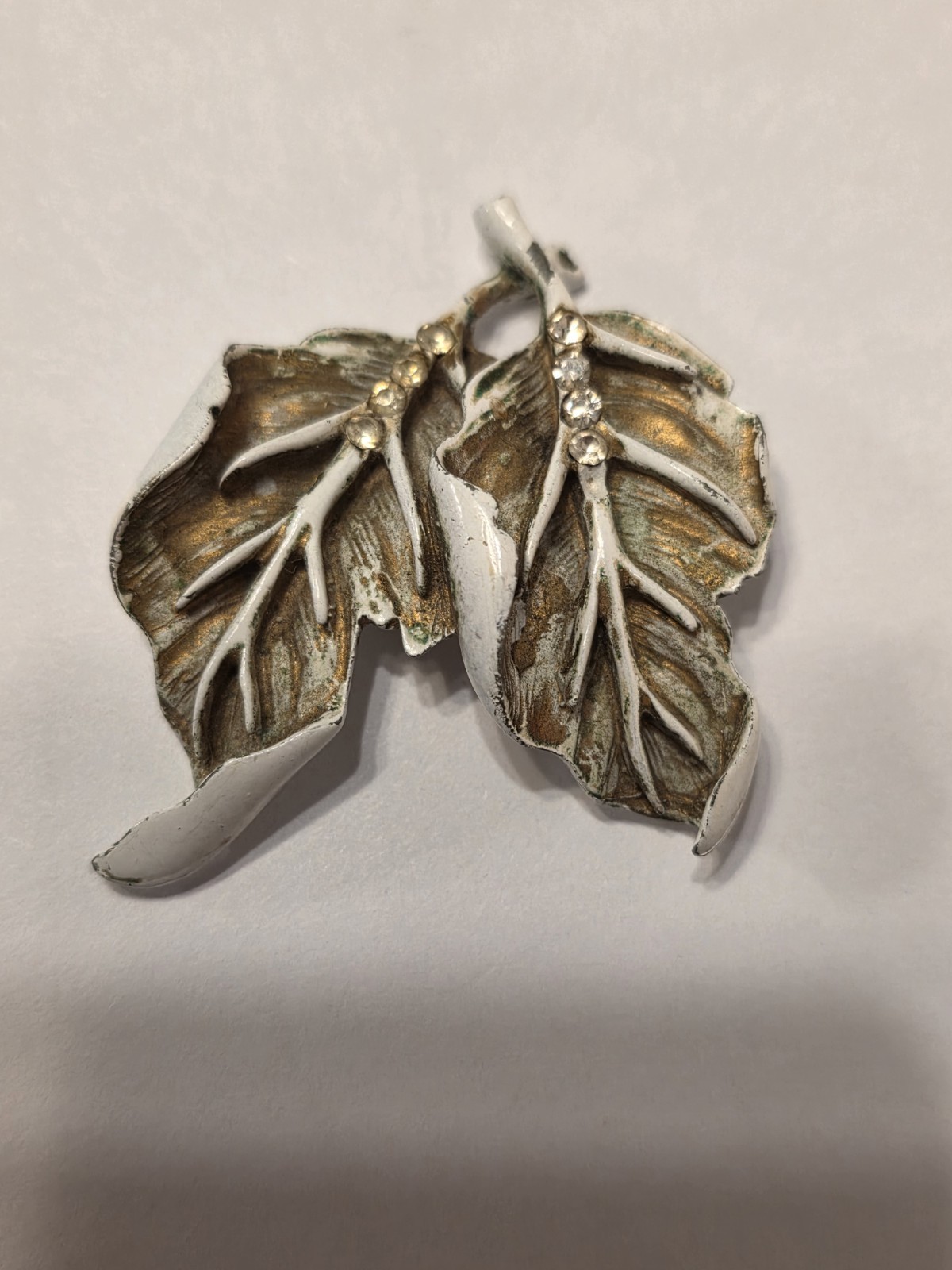 Vintage Coro Style Leaf Brooch Pin with Rhinestones