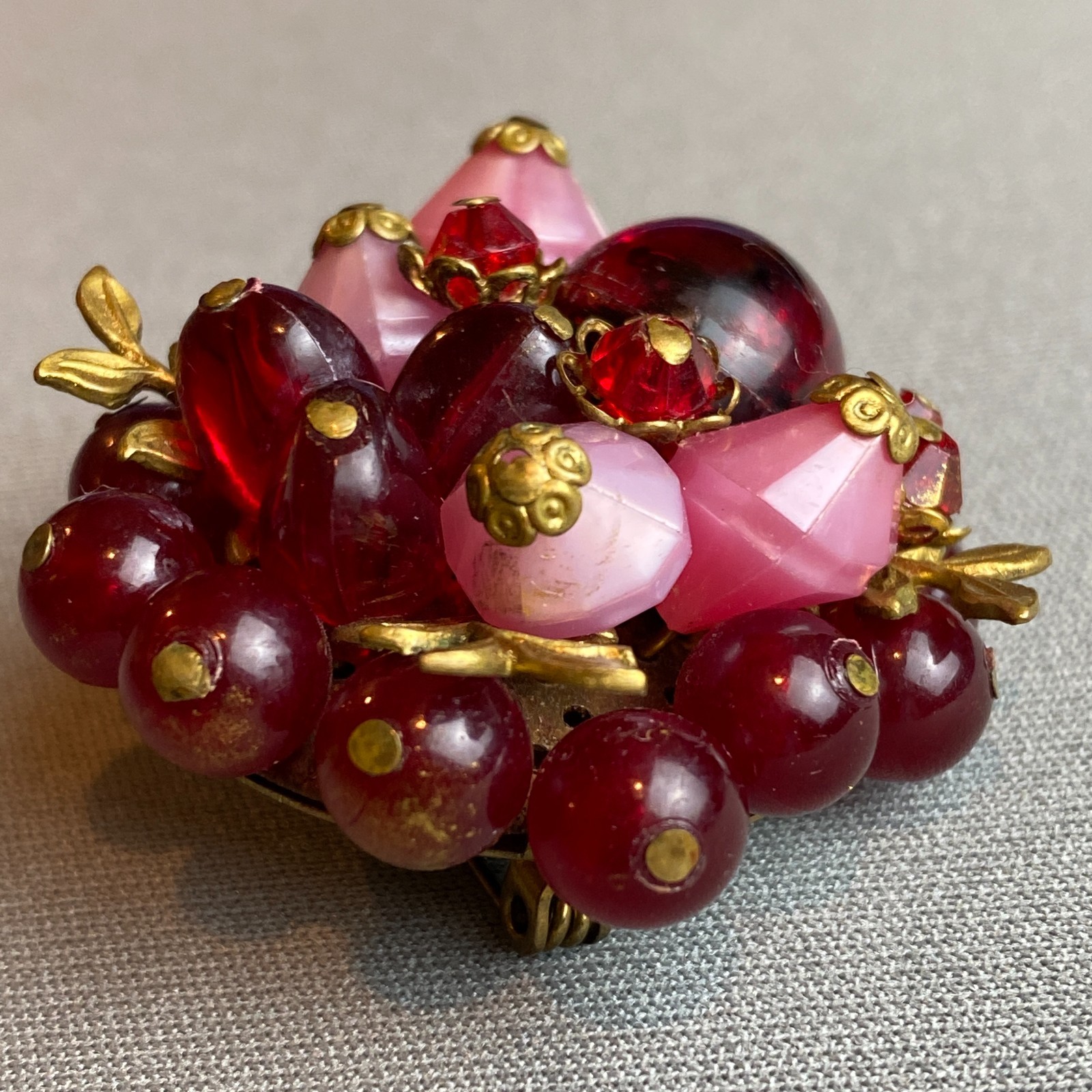 Vintage West Germany Wired Beaded Brooch Frosted Pink & Red Plastic & Gilt Brass