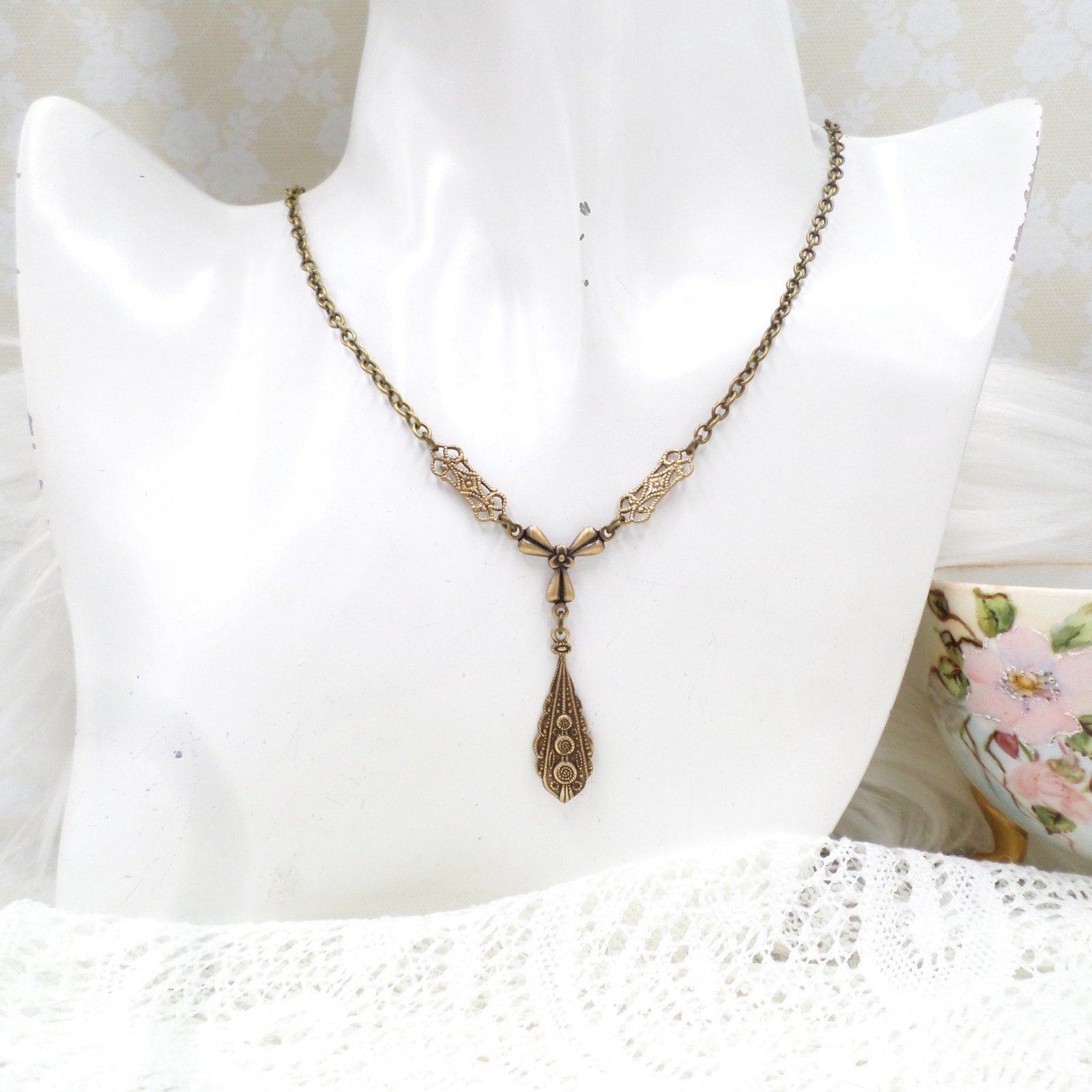 Victorian Style Brass Filigree Charm Necklace: Handmade Bow & Teardrop Jewelry