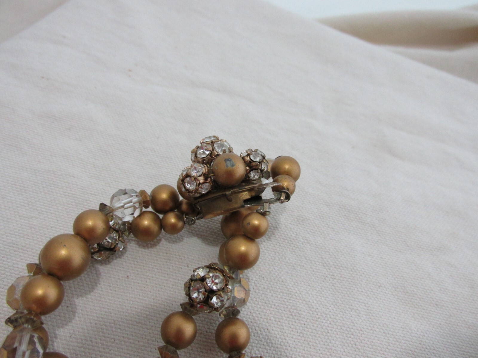 Vtg Necklace Matte Gold Beads Beaded Rhinestones Crystal Double Strand Ornate