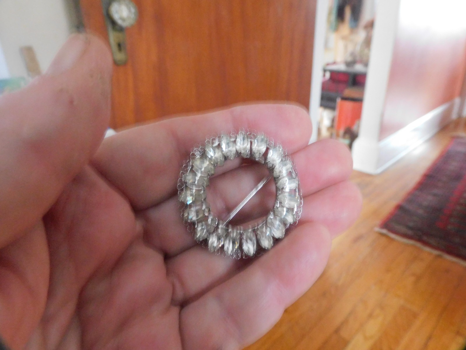 vtg. stunning signed sterling rhinestone circle pin hand set .