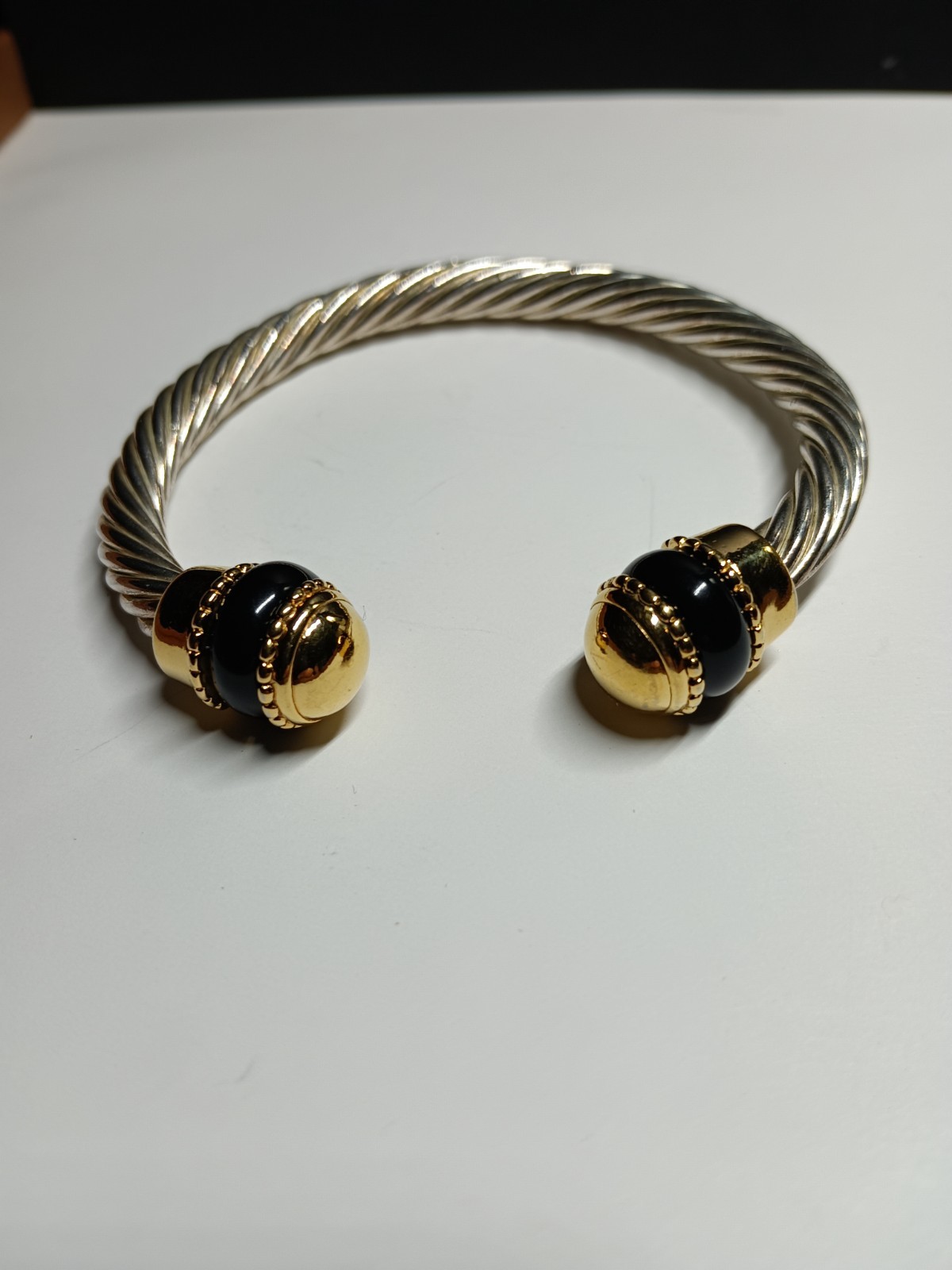 Twisted Cable Cuff Bracelet Interchangeable Screw Off Black Onyx Gold Tone 7mm