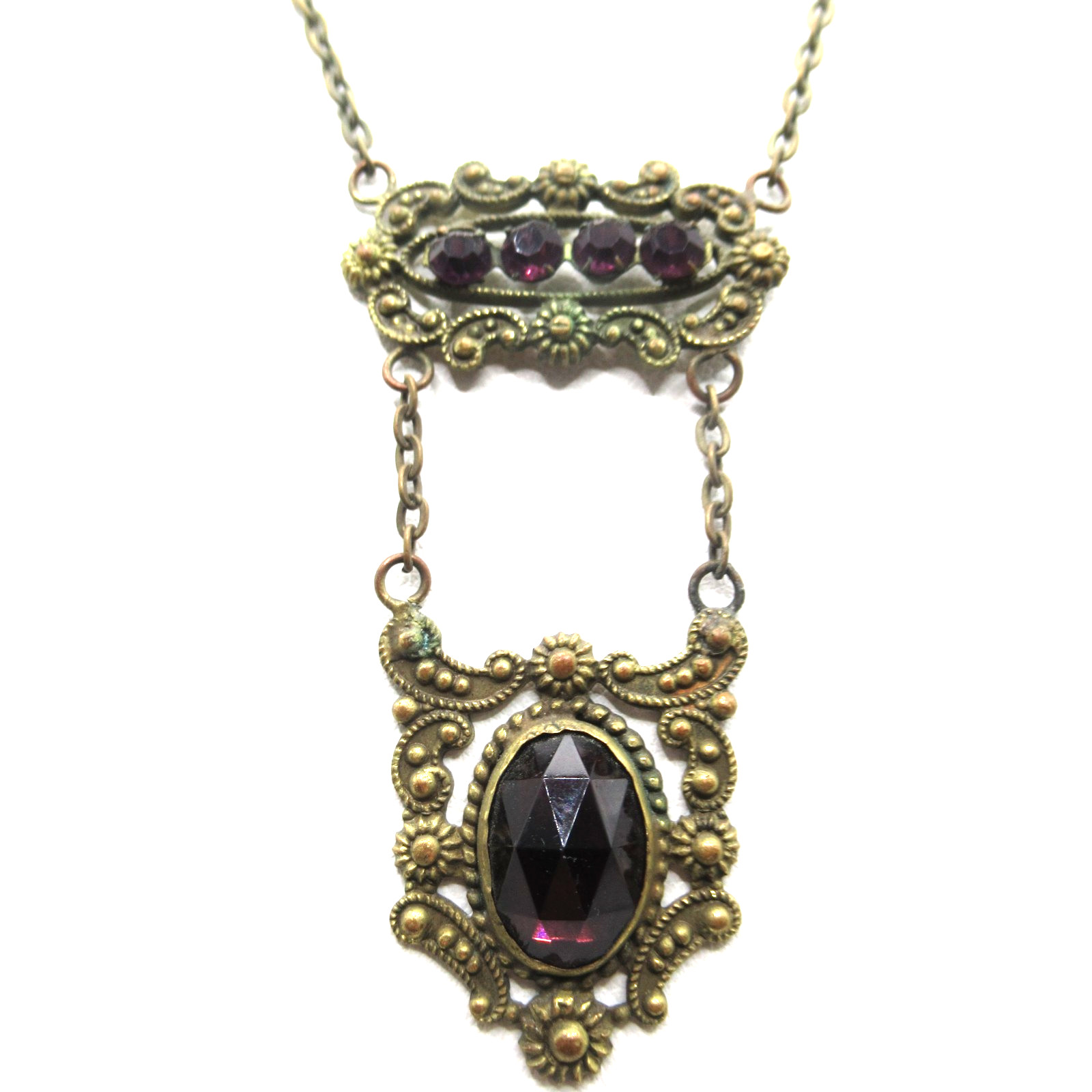 Art Deco Purple Glass Necklace Brass Vintage Floral