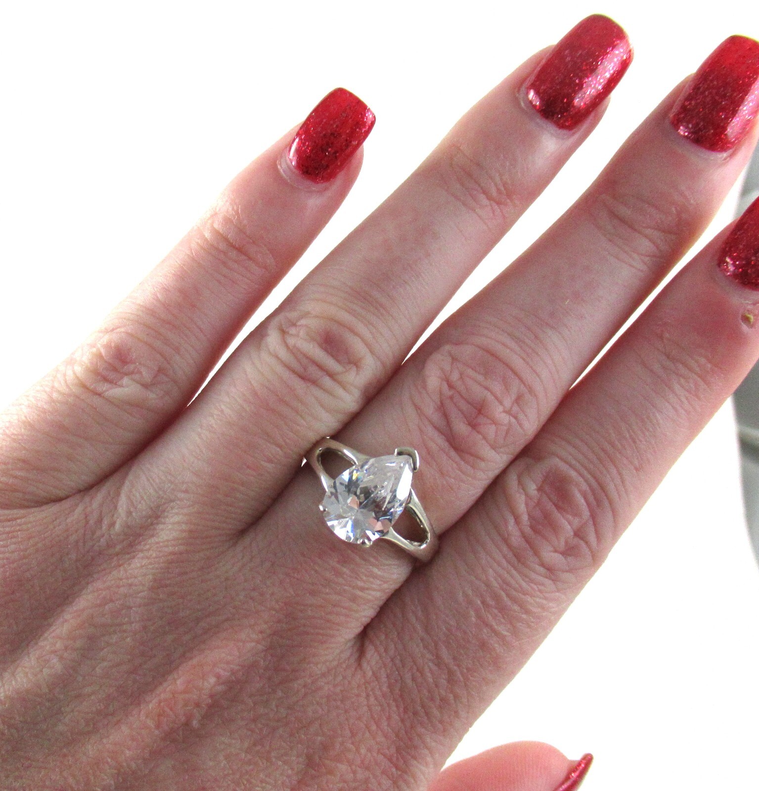 .925 Sterling Silver CZ Solitaire Ring Prong Pear Negative Space Split Shank s8