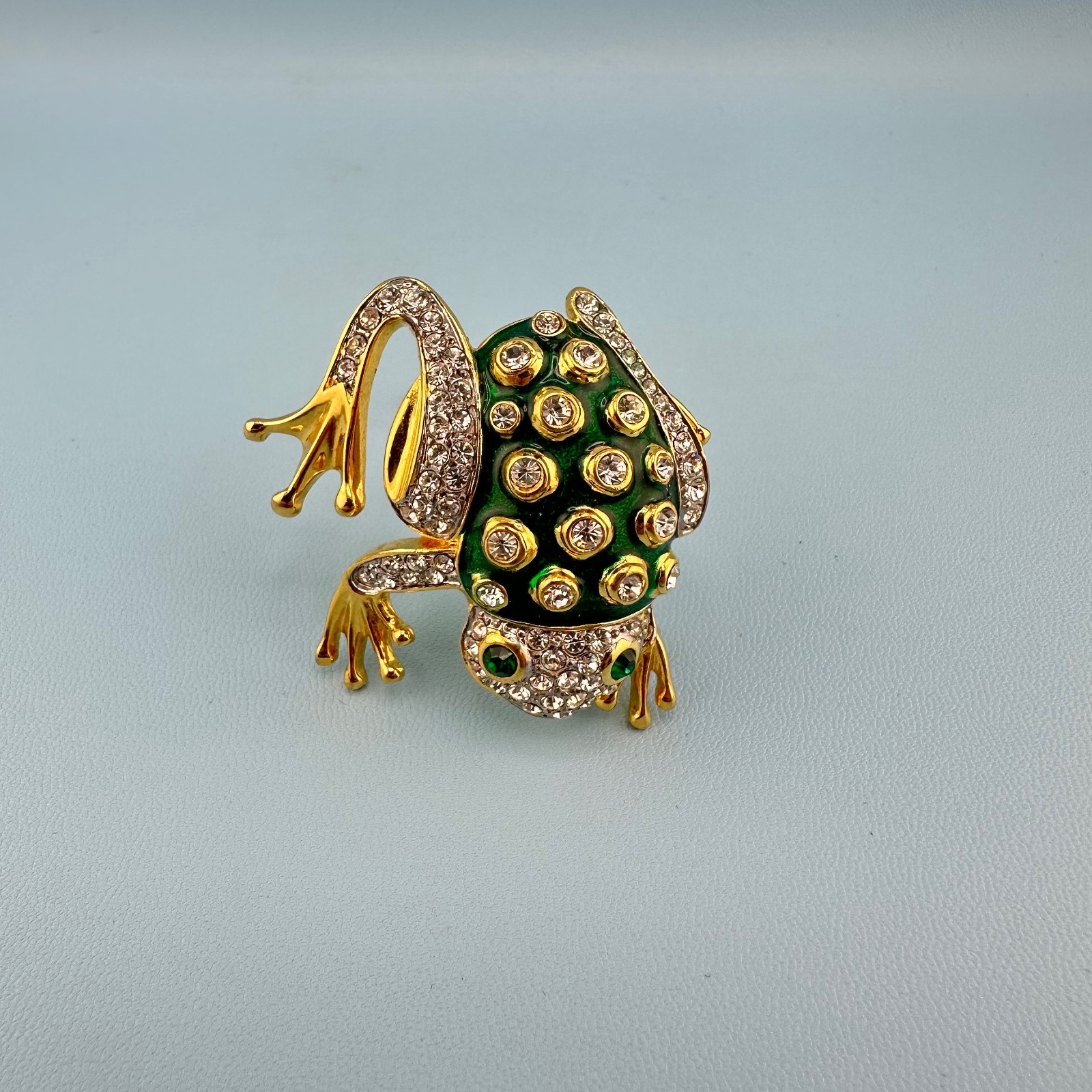 Vintage Rhinestone Green Enamel Frog Brooch Shiny Gold Tone Leap Jump Figural