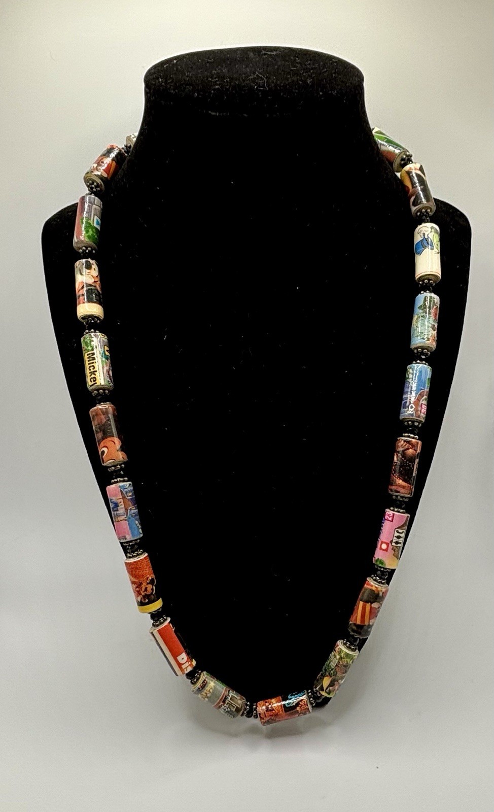 Vintage African Paper Beads Necklace Multi Colored 24” Long