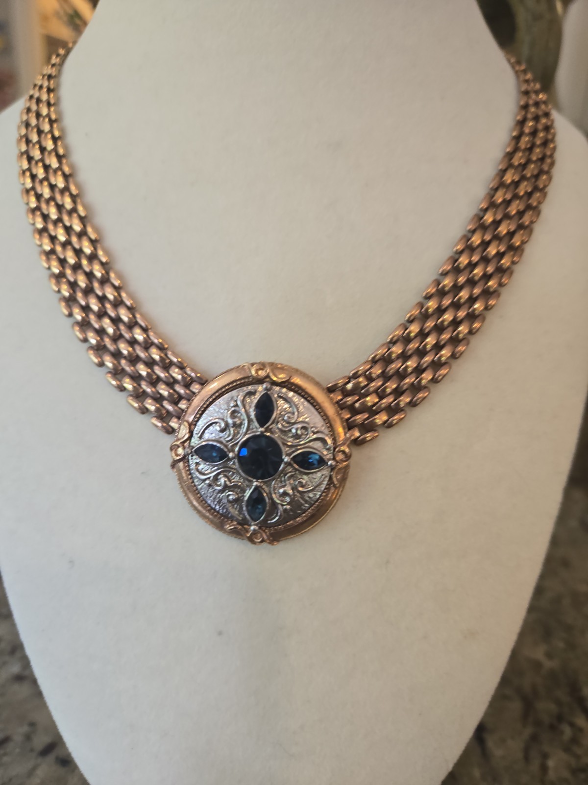 Vintage Victorian Revival Necklace Faux Sapphire Gold Tone