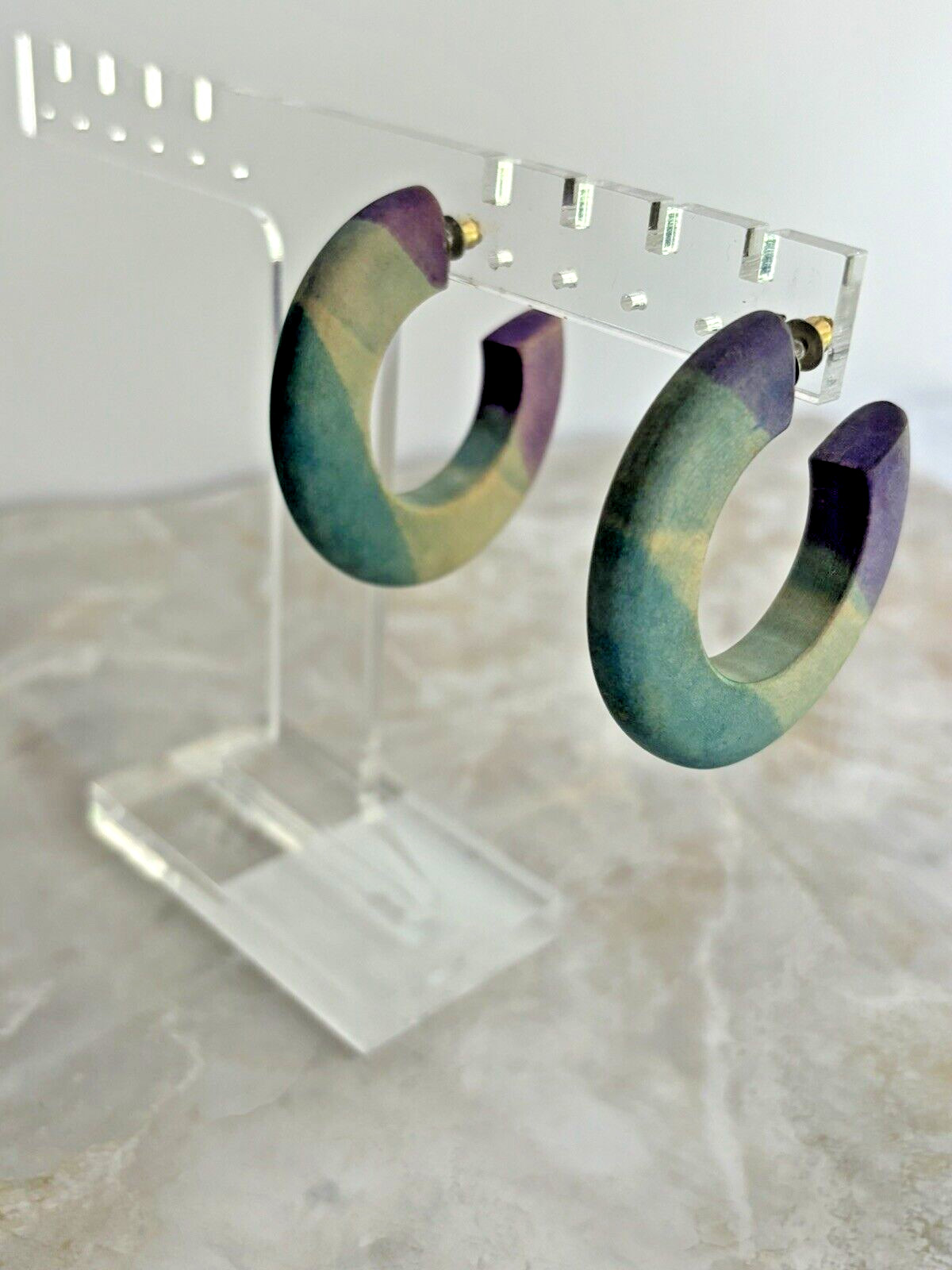 VTG Ombre Wood Runway Hoop Cuff Earrings Flashy Statement Drop Chunky Pierced