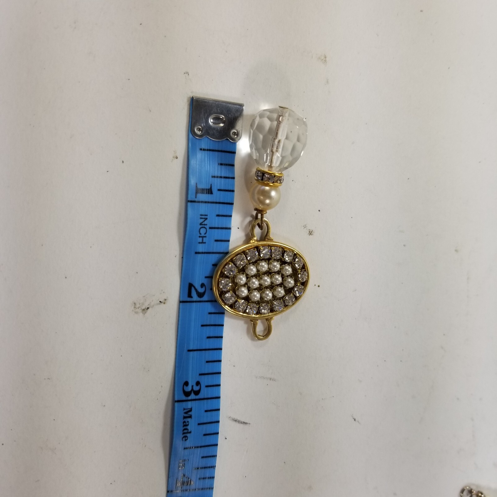 Vintage Prong Set Rhinestone Dangle Faux Pearl Pendant Gold Tone Crystal