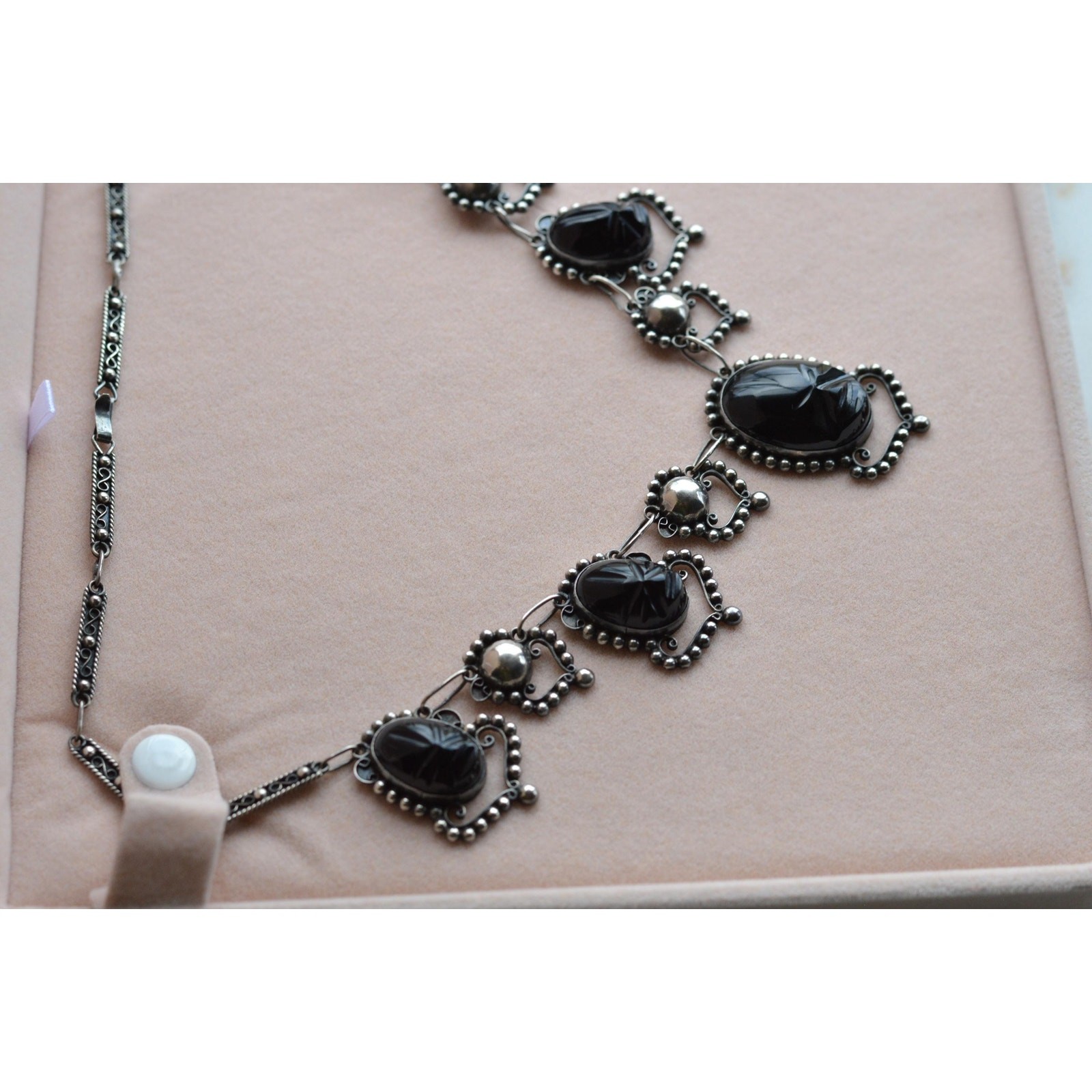 Vintage Mexican Sterling Silver Onyx Scarab Necklace – Signed JJG Co Mexico 925