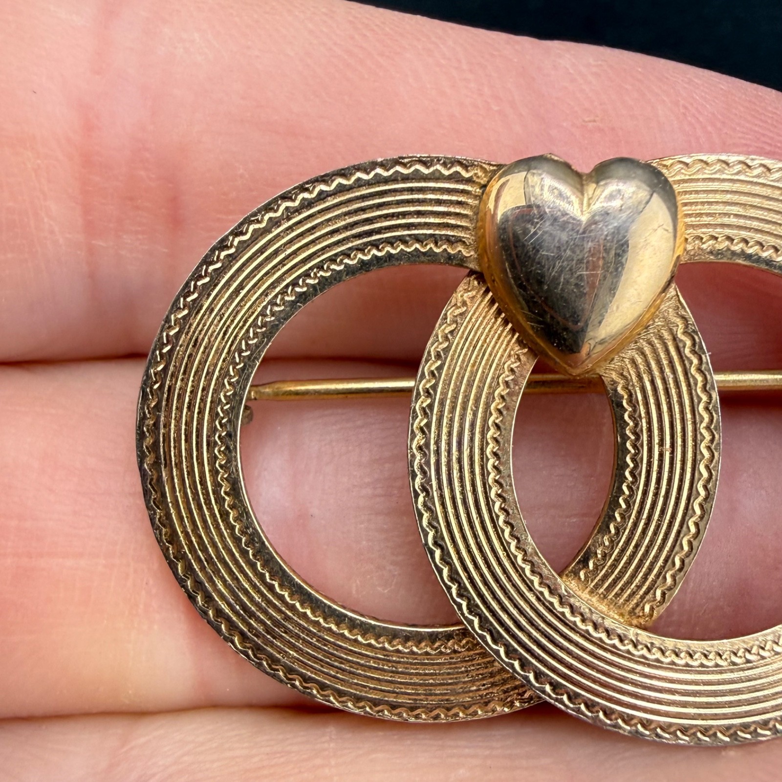 Vintage Gold Filled Brooch Double Circle Heart Love Wedding
