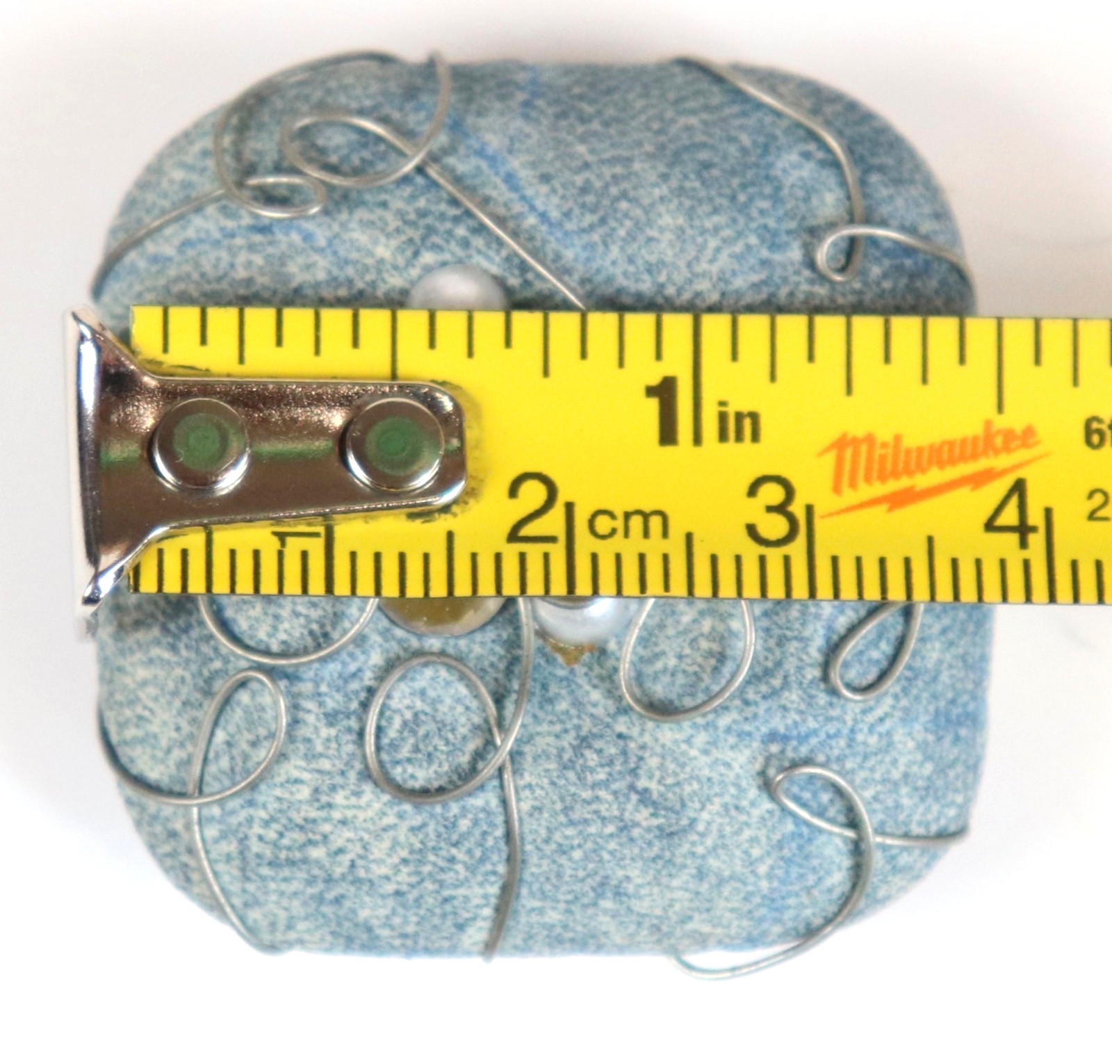 VTG Large Square Clip On Blue Metal Boho Artwork Beaded Sequence 1.5″x1.5″