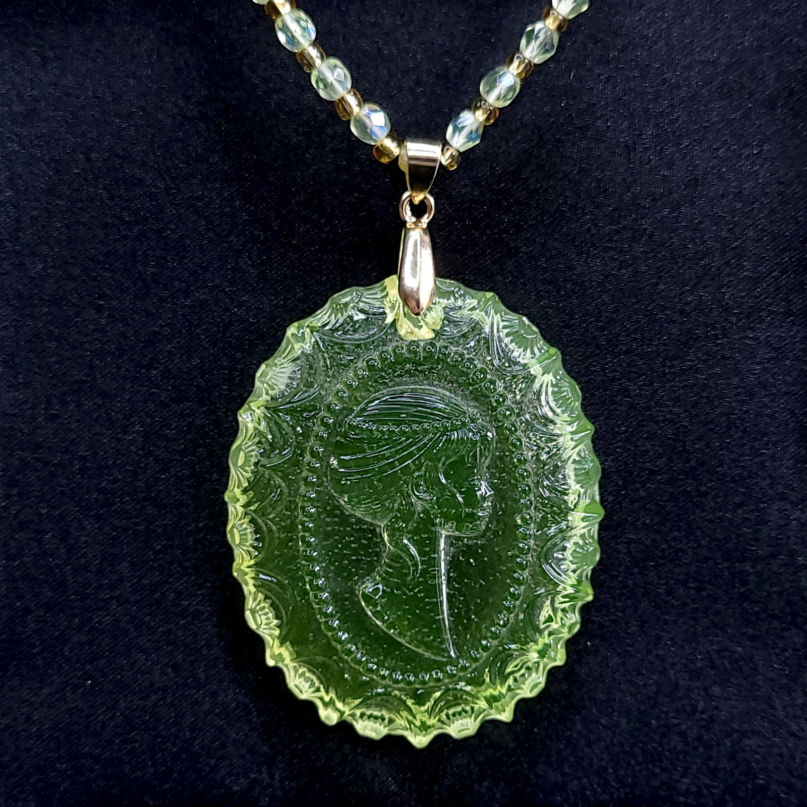 Uranium Glass Necklace 23” Cameo Pendant Vaseline Yellow Czech Beads