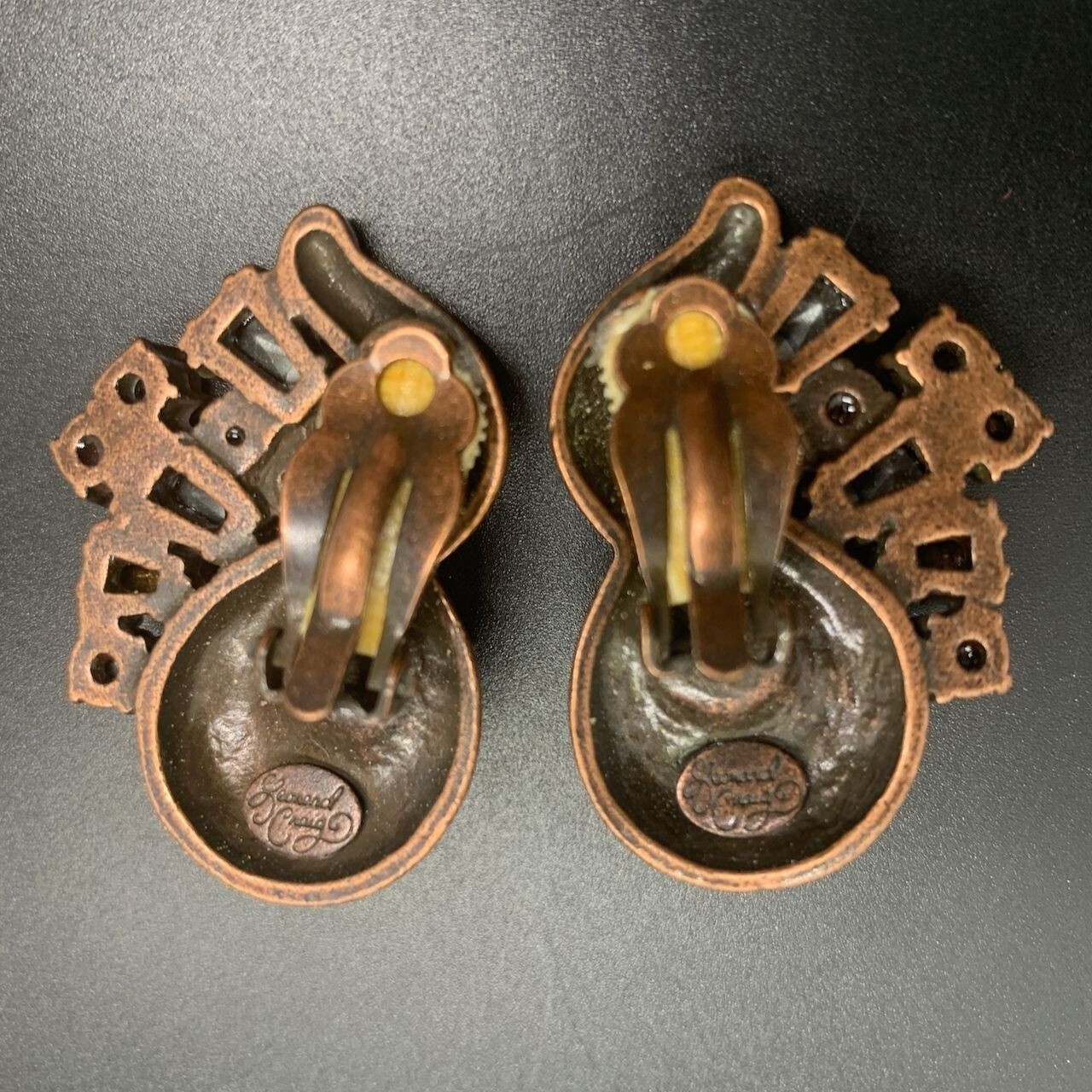 Signed Leonard Craig Copper Rust Brown AB Rhinestone Clip On Earrings 1-5/8″